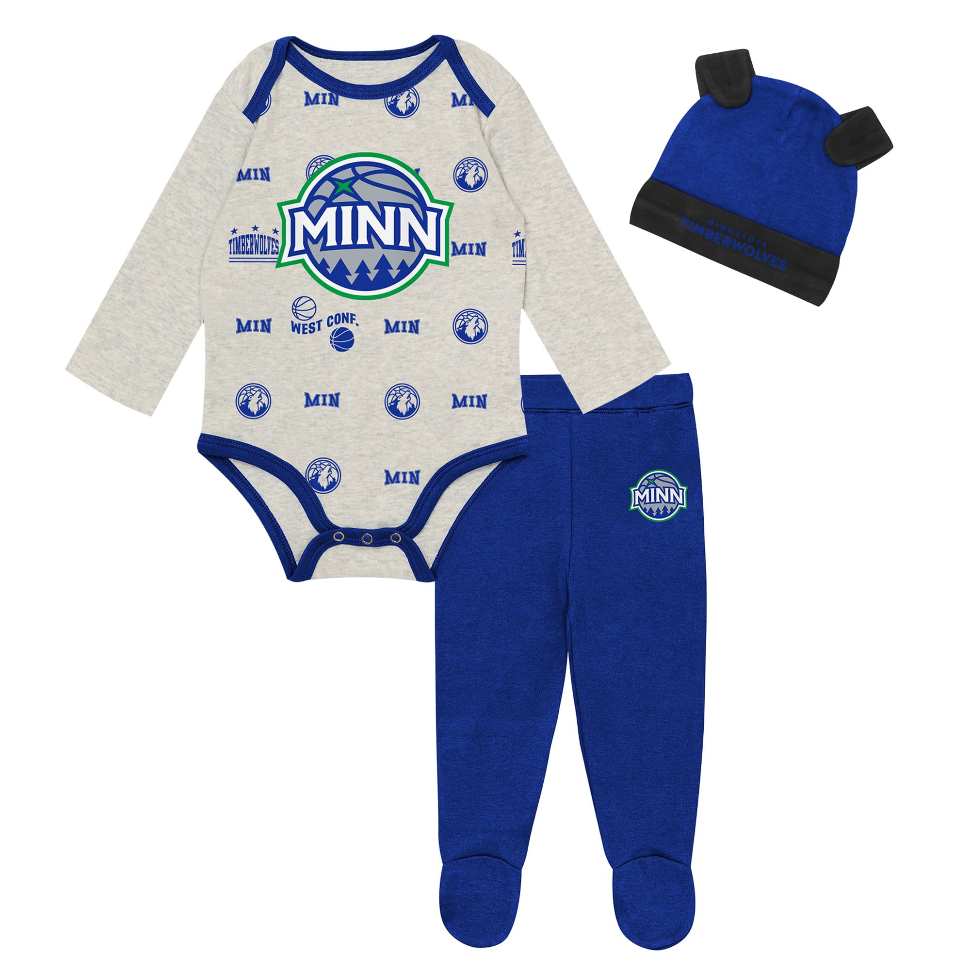 Newborn & Infant Outerstuff Minnesota Timberwolves Pinch Post Bodysuit, Pants Cuffed Knit Hat Set