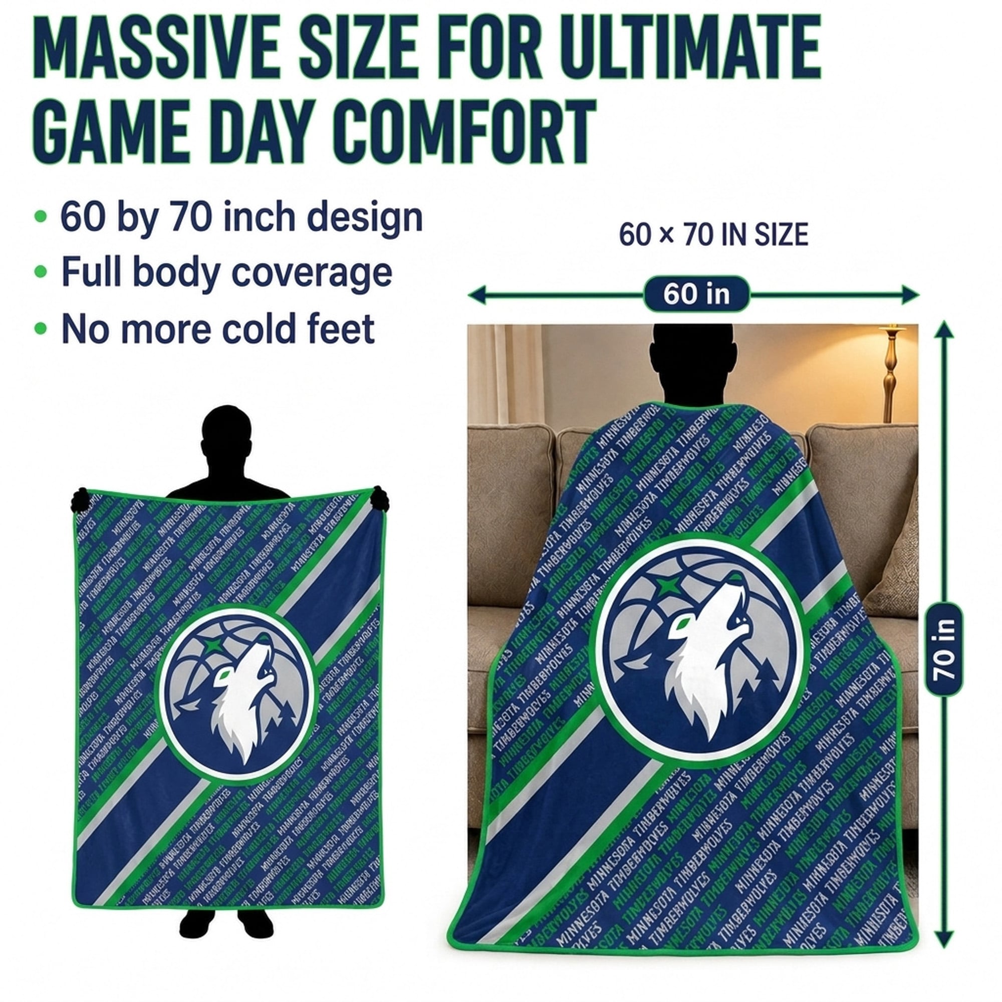 Couverture ultra douce Pegasus Minnesota Timberwolves 60" x 70" (diagonale) avec logo doublé