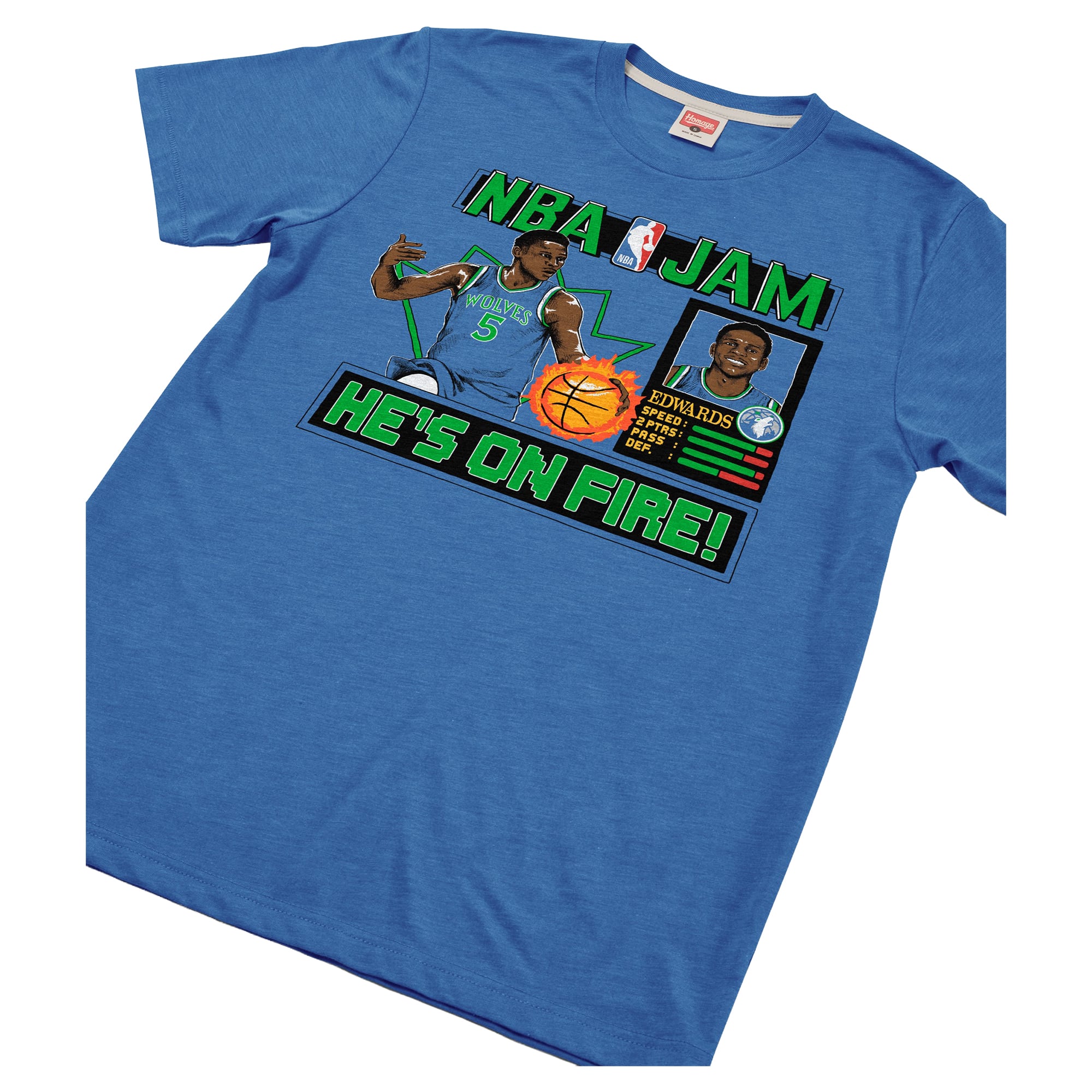 T-shirt unisexe Hommage à Anthony Edwards, bleu Minnesota Timberwolves, NBA Jam, mélange de trois matières