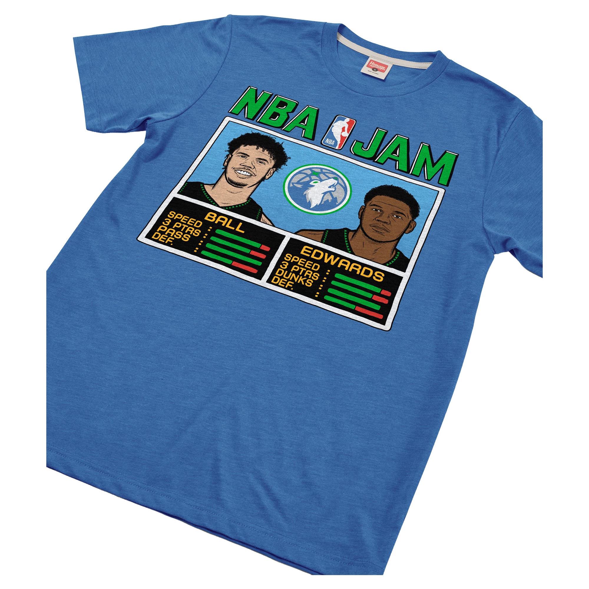 T-shirt unisexe Hommage à LaMelo Ball et Anthony Edwards, bleu Minnesota Timberwolves, NBA Jam, mélange de trois matières