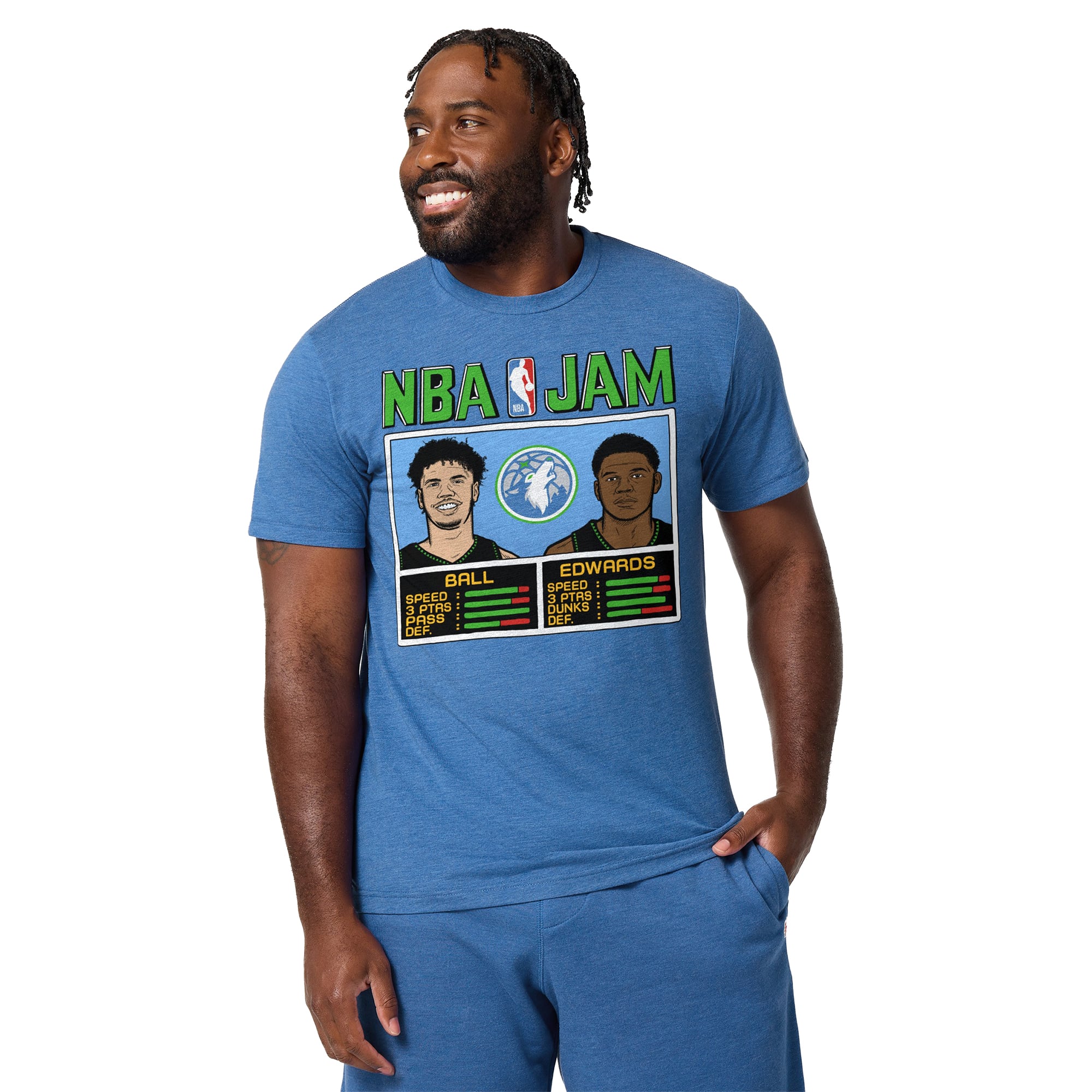 T-shirt unisexe Hommage à LaMelo Ball et Anthony Edwards, bleu Minnesota Timberwolves, NBA Jam, mélange de trois matières
