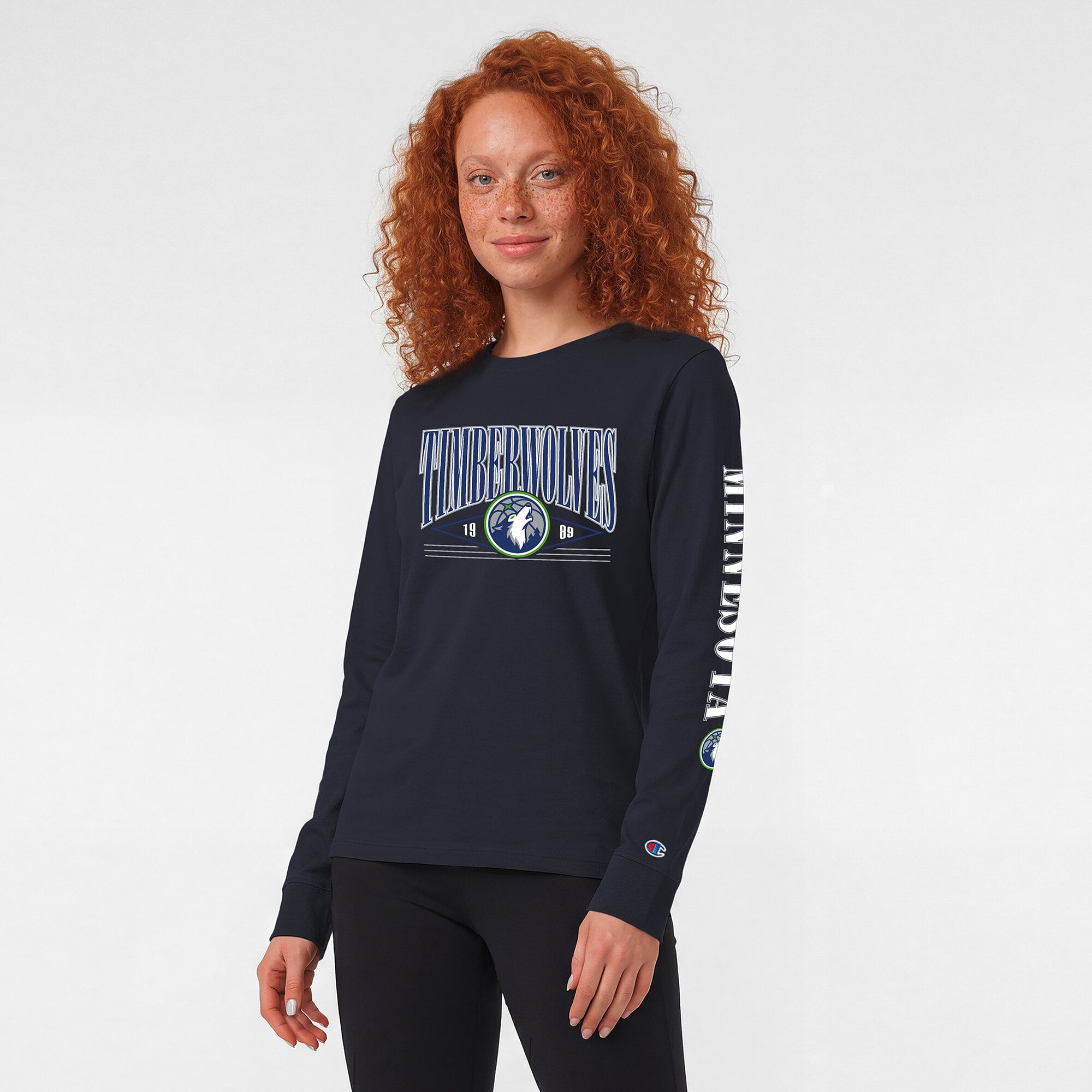 T-shirt à manches longues Champion pour femmes, bleu marine, Minnesota Timberwolves, avec bannière