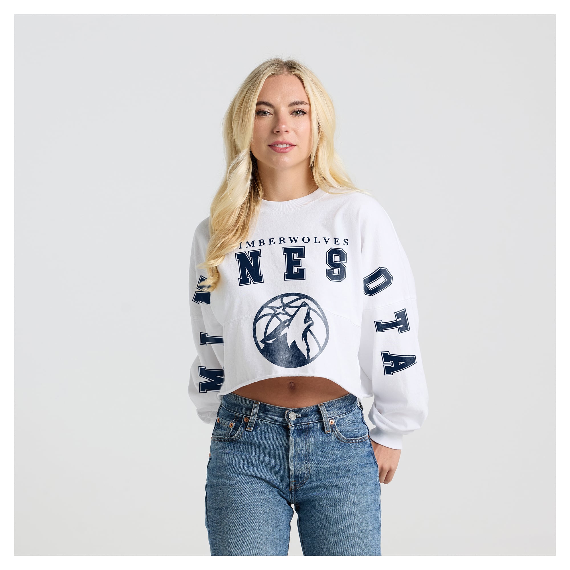 Women's Fanatics White Minnesota Timberwolves Spirit Jersey Cropped Crew Neck Sweatshirt