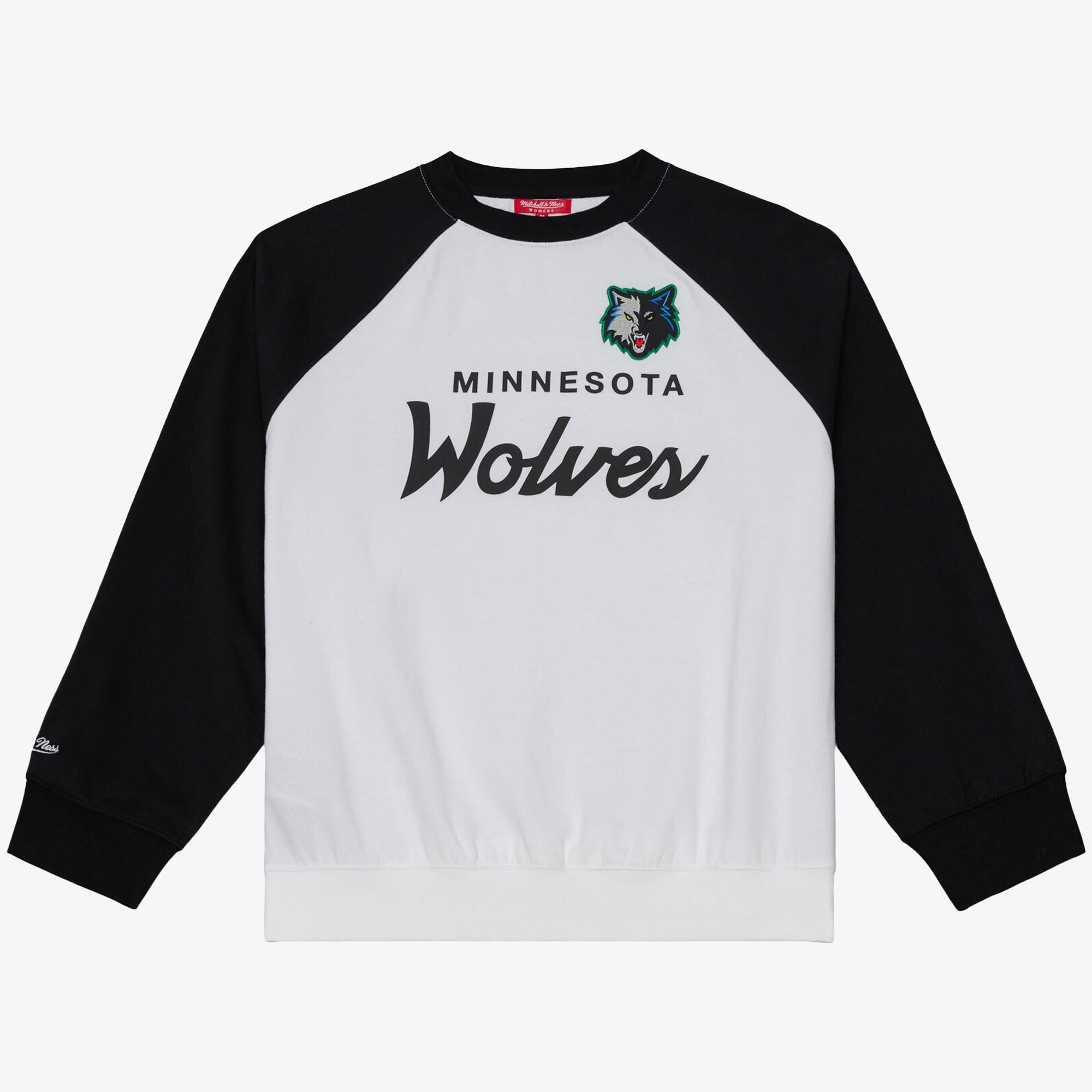 Sweat-shirt raglan léger Mitchell & Ness blanc et noir pour femme, modèle entraîneur-chef des Minnesota Timberwolves