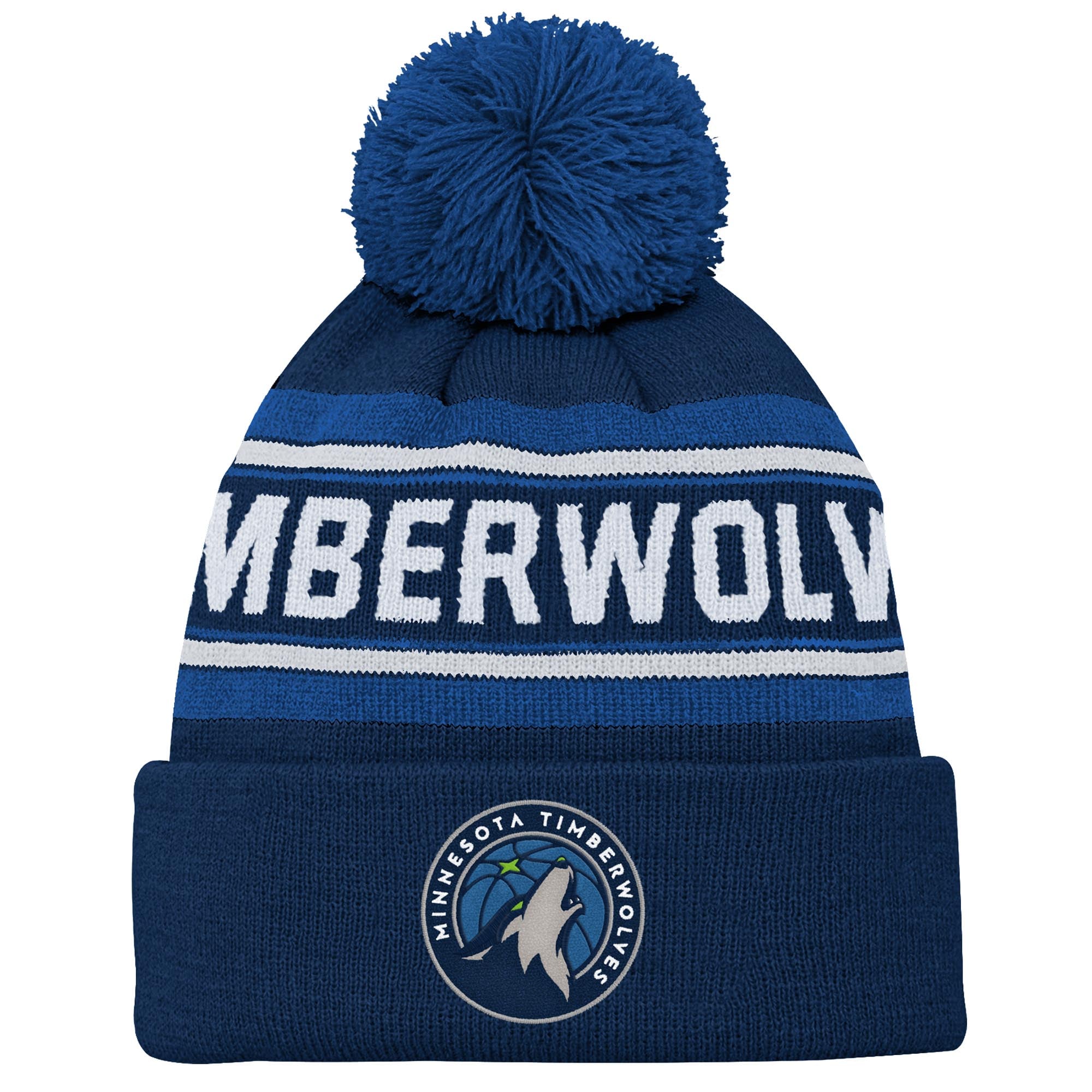 Bonnet en tricot à revers en jacquard bleu marine Minnesota Timberwolves pour jeune avec pompon