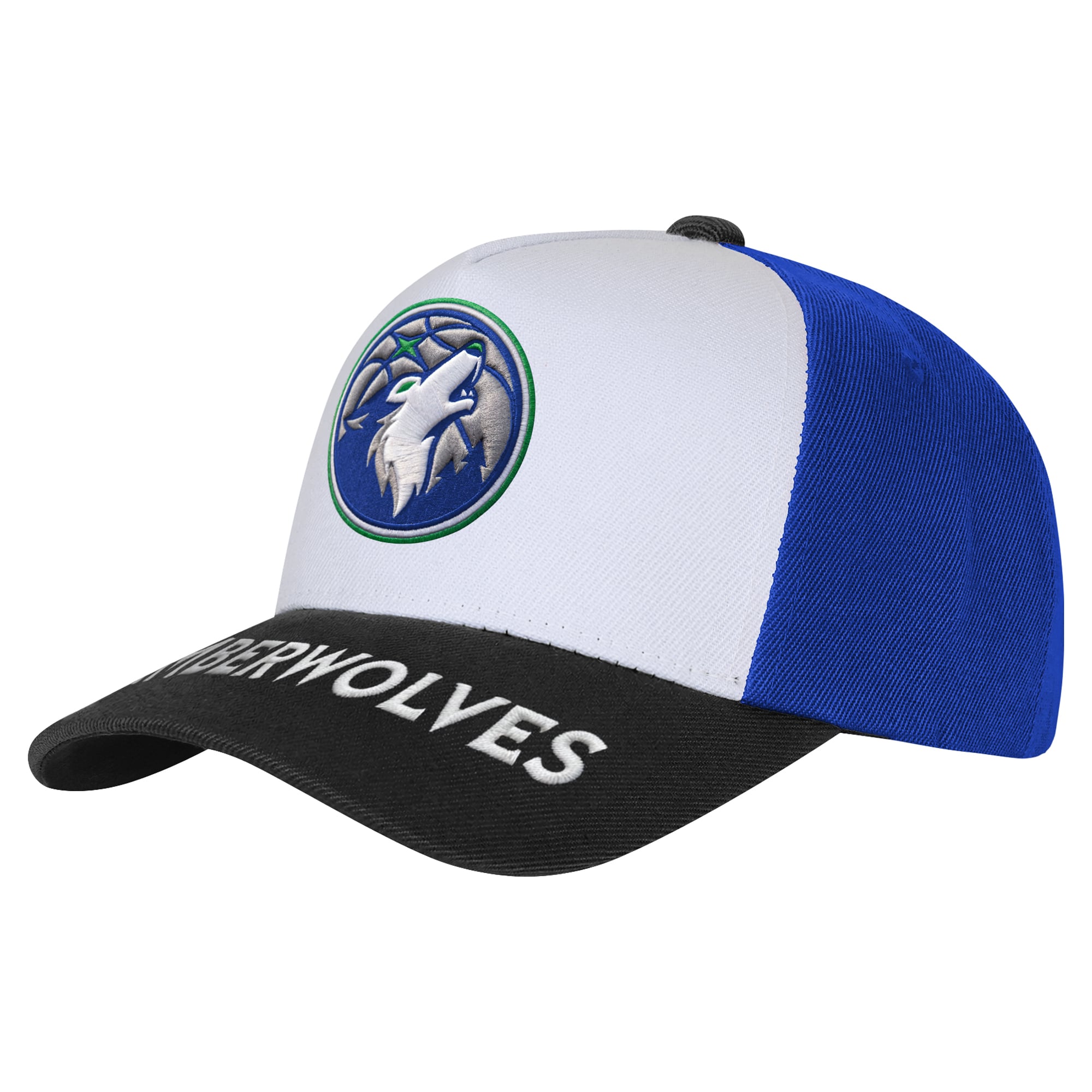Youth Outerstuff White/Black Minnesota Timberwolves Logo Three Pro Pinch Pre-Curved Adjustable Hat