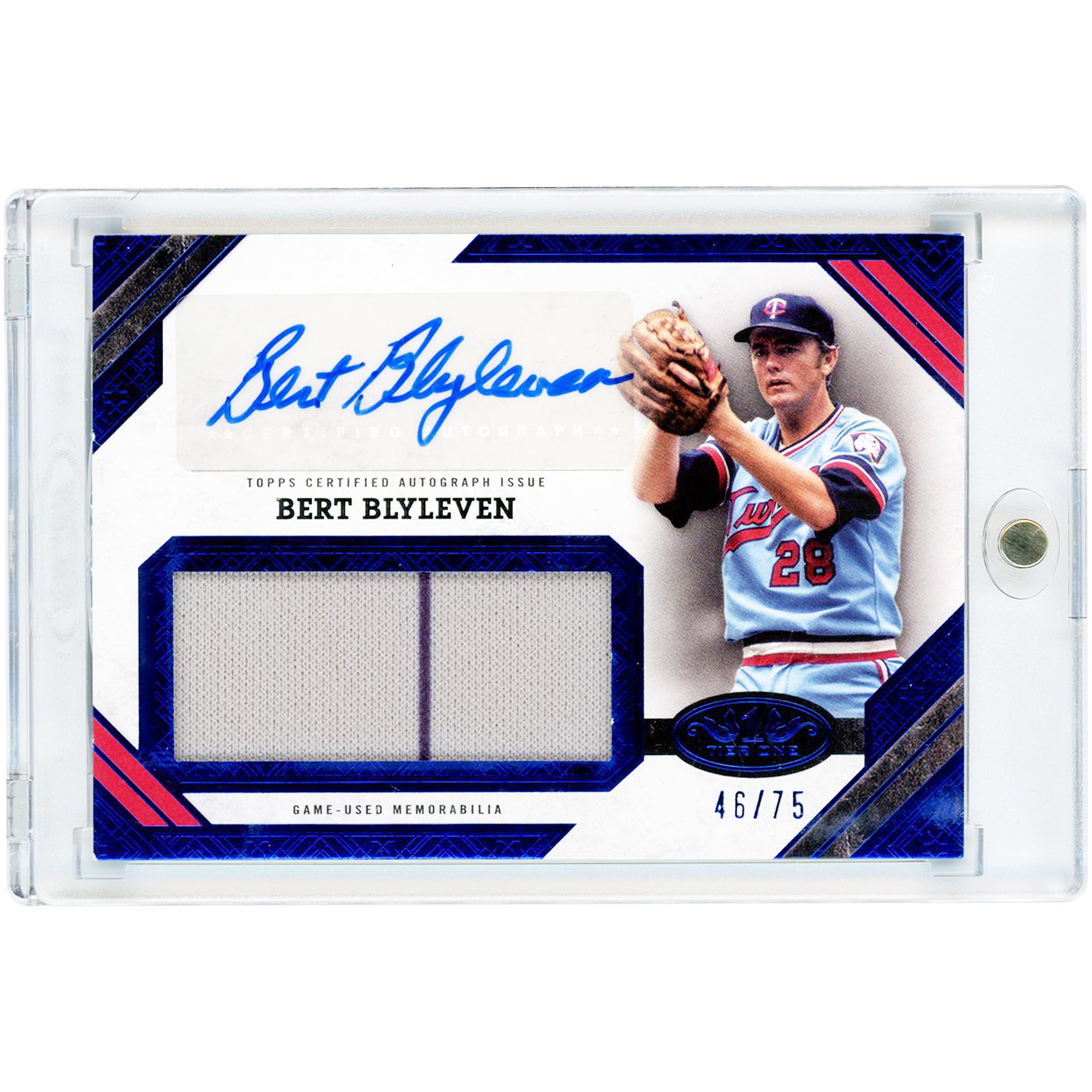 Carte de collection 2025 Topps Tier One Jumbo Game Used Dual-Color Jersey Relic Blue de Bert Blyleven (Minnesota Twins), autographiée #AJR-BB #46/75