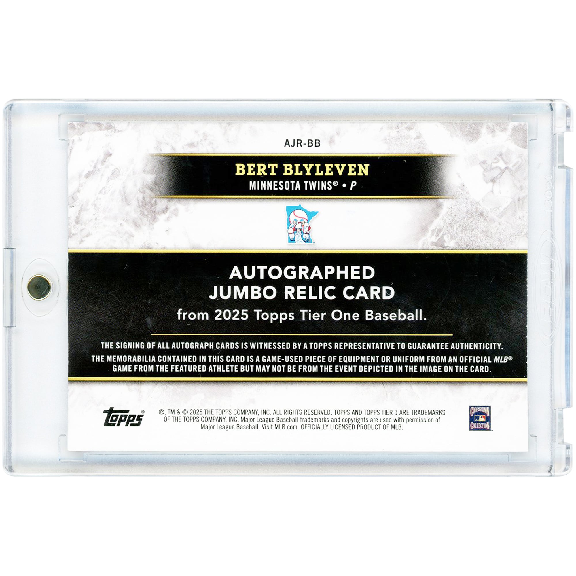 Carte de collection 2025 Topps Tier One Jumbo Game Used Dual-Color Jersey Relic Blue de Bert Blyleven (Minnesota Twins), autographiée #AJR-BB #46/75