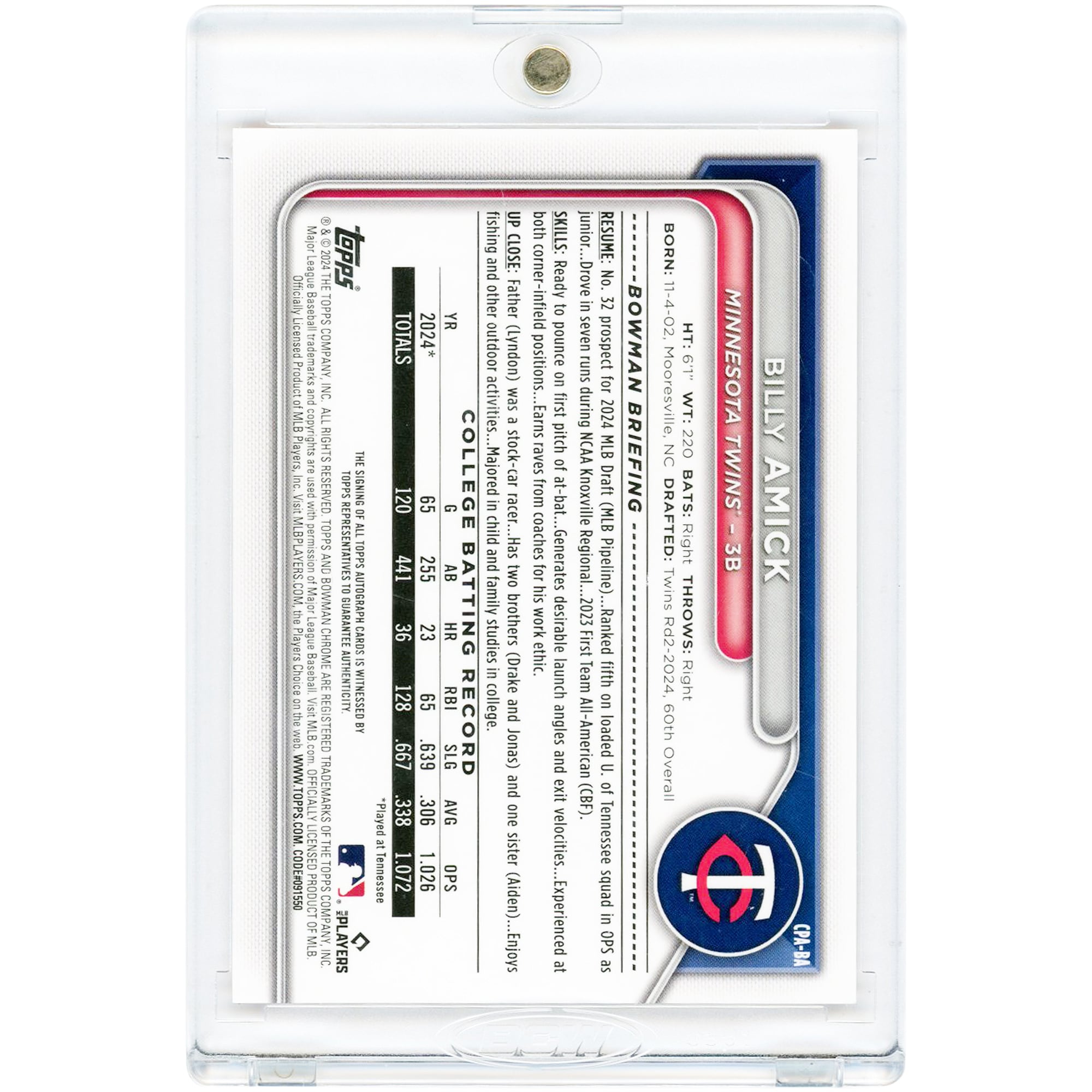 Carte autographiée Billy Amick des Minnesota Twins 2024 Bowman Chrome Orange Ray Wave Refractor #CPA-BA #4/25