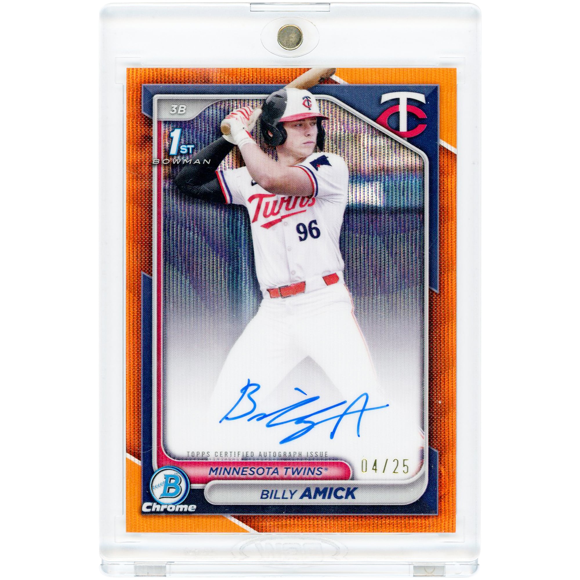Carte autographiée Billy Amick des Minnesota Twins 2024 Bowman Chrome Orange Ray Wave Refractor #CPA-BA #4/25