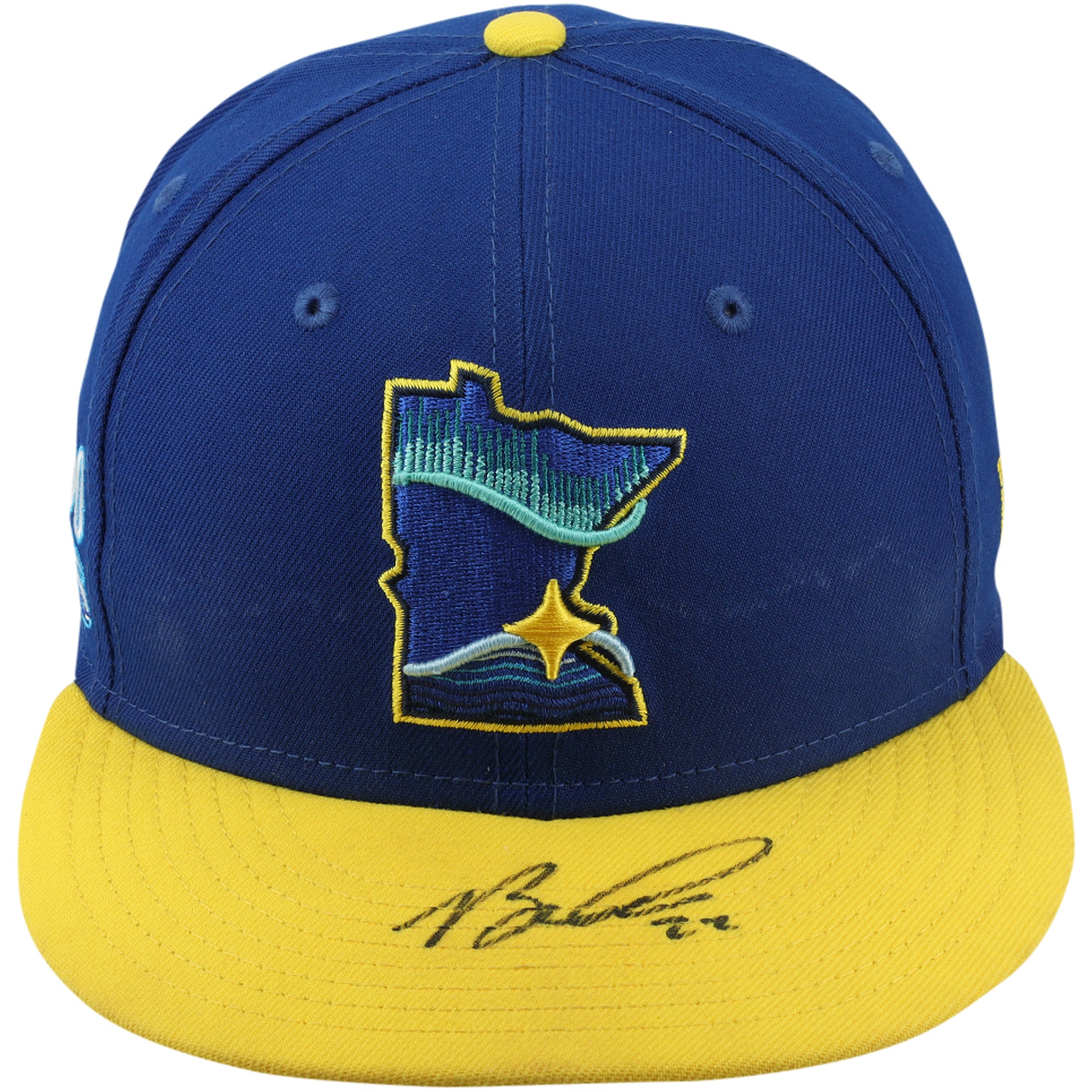 Casquette City Connect bleue et jaune autographiée par Brooks Lee, portée lors d'un match des Twins du Minnesota (saison 2024 de la MLB).