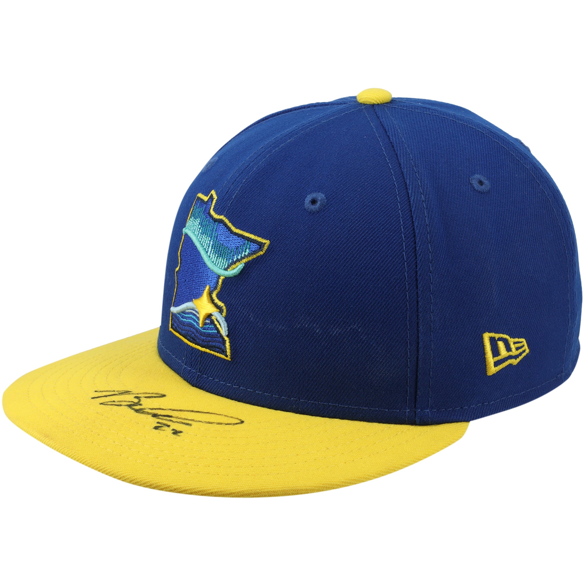 Casquette City Connect bleue et jaune autographiée par Brooks Lee, portée lors d'un match des Twins du Minnesota (saison 2024 de la MLB).