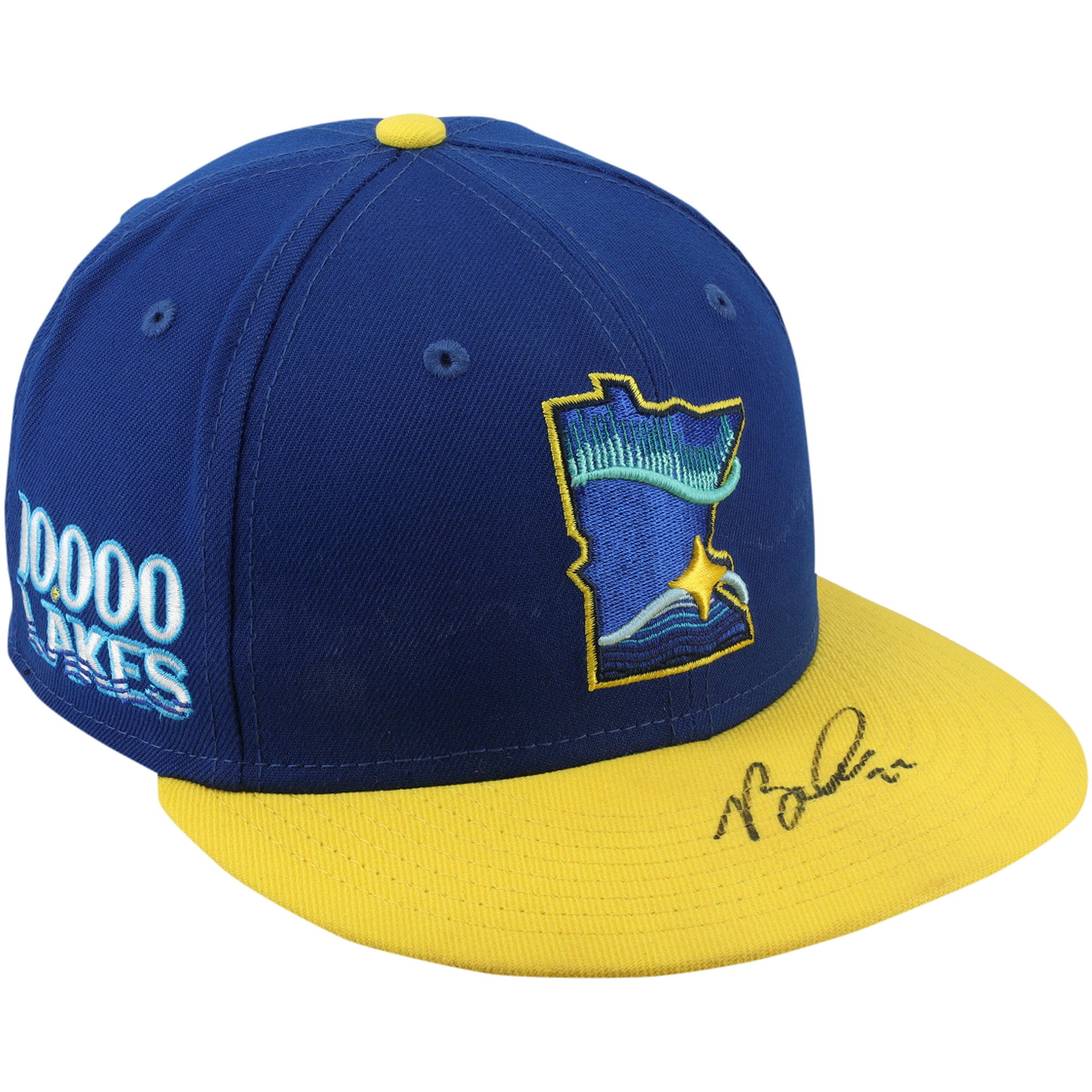 Casquette City Connect bleue et jaune autographiée par Brooks Lee, portée lors d'un match des Twins du Minnesota (saison 2024 de la MLB).