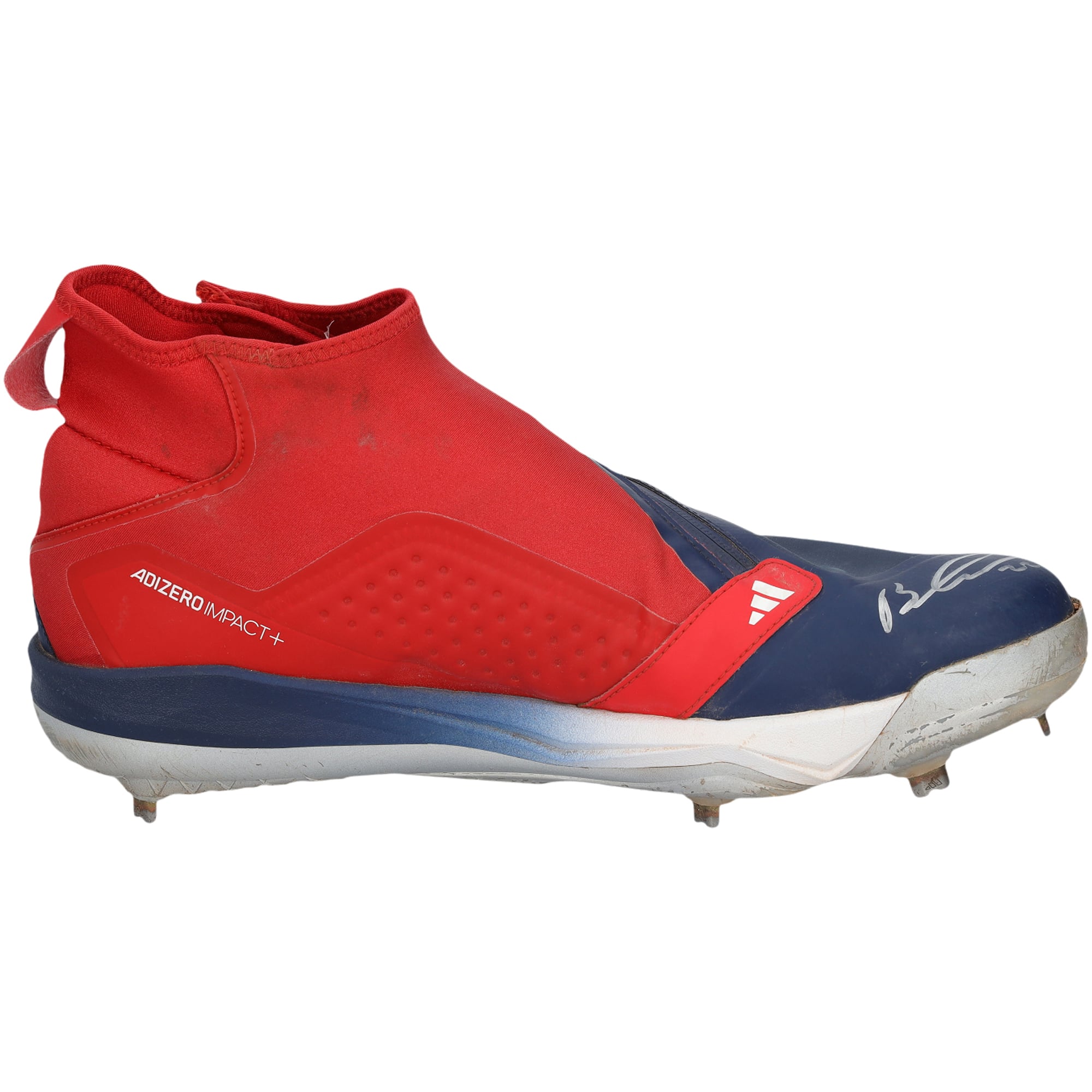 Crampons adidas bleu marine et rouge autographiés par Brooks Lee, portés en match par les Twins du Minnesota lors de la saison 2024 de la MLB.