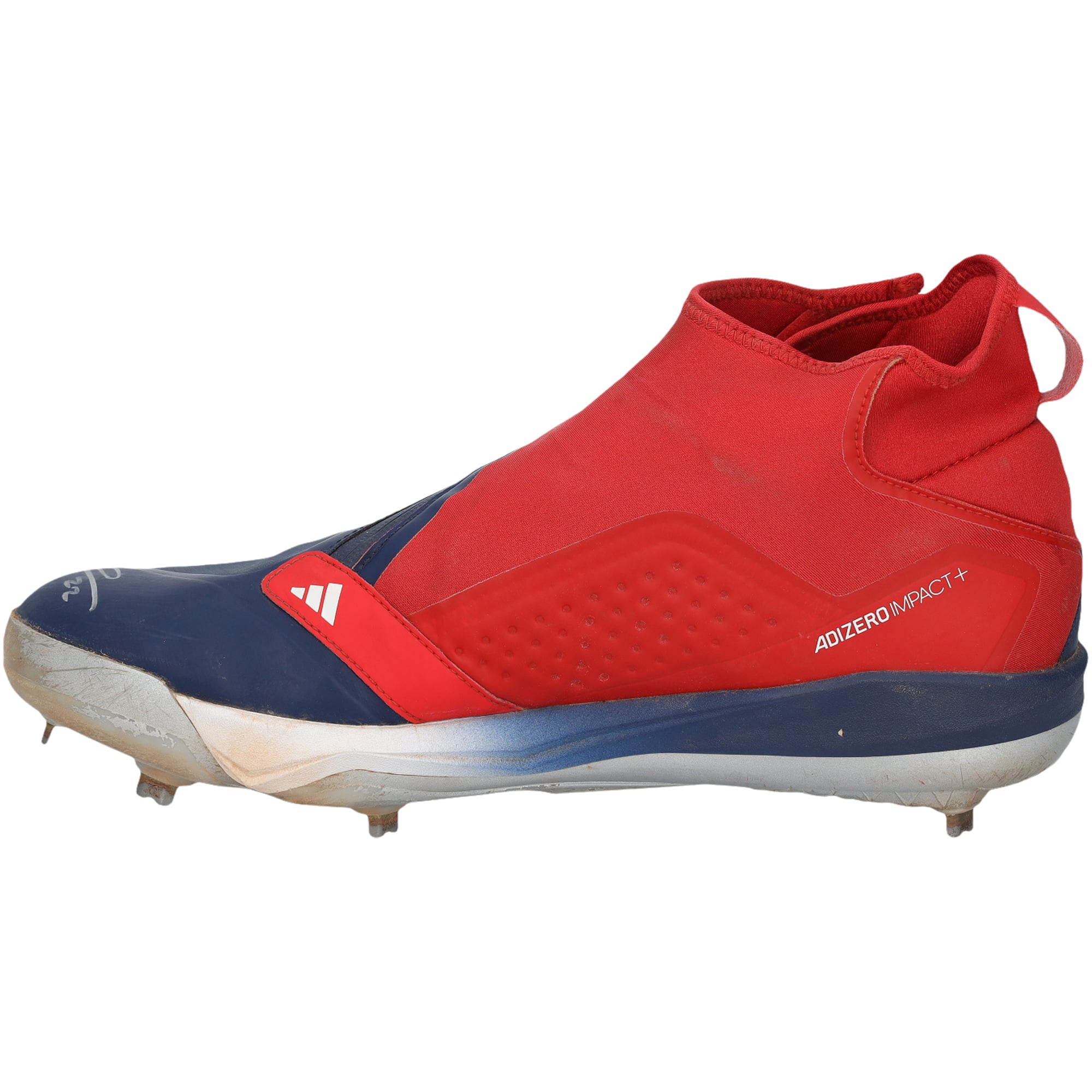 Crampons adidas bleu marine et rouge autographiés par Brooks Lee, portés en match par les Twins du Minnesota lors de la saison 2024 de la MLB.