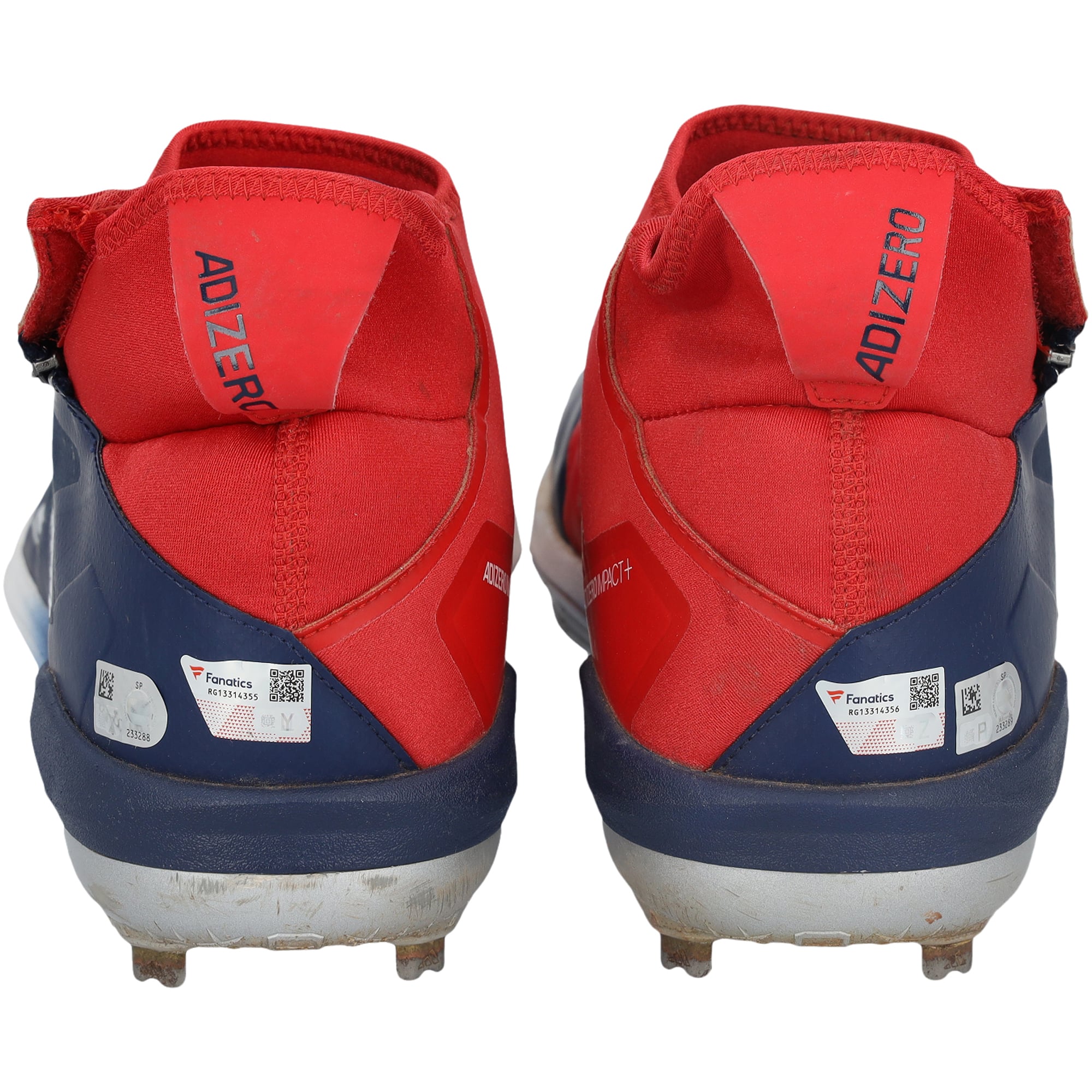 Crampons adidas bleu marine et rouge autographiés par Brooks Lee, portés en match par les Twins du Minnesota lors de la saison 2024 de la MLB.