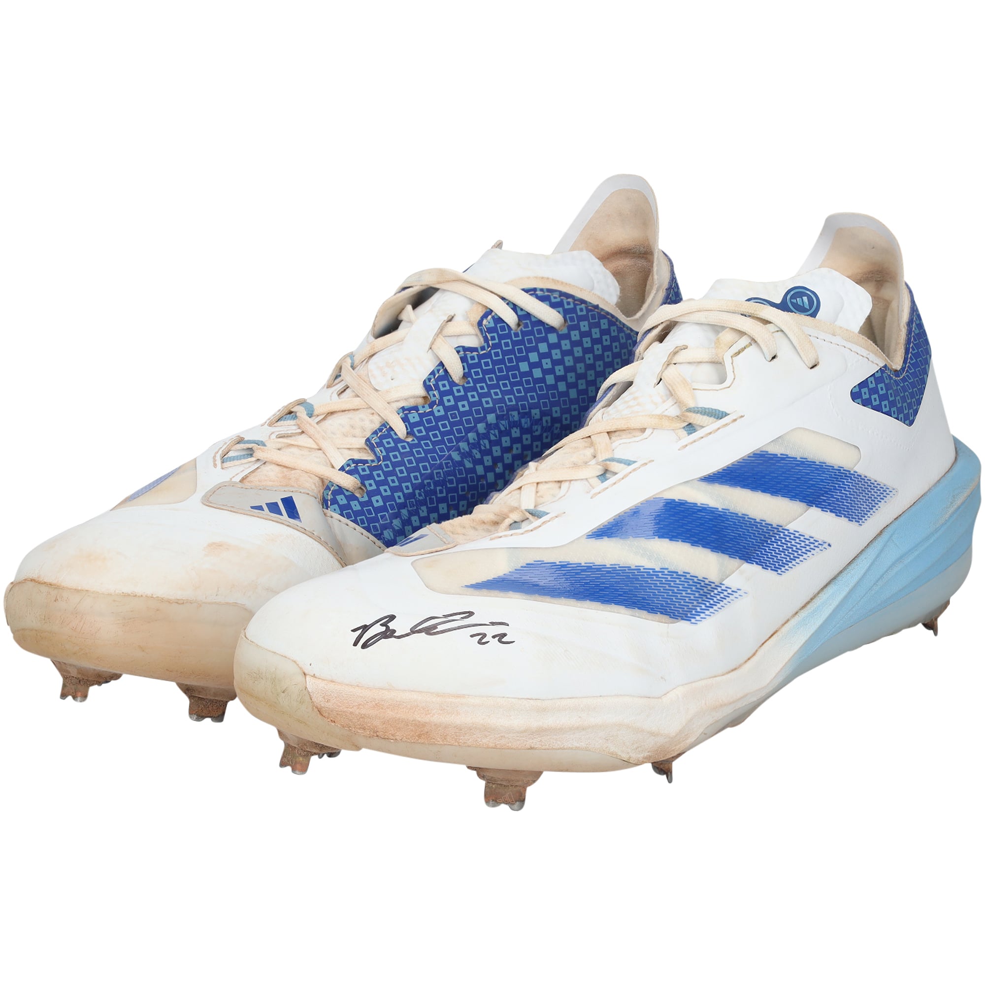Crampons adidas blancs et bleus autographiés par Brooks Lee