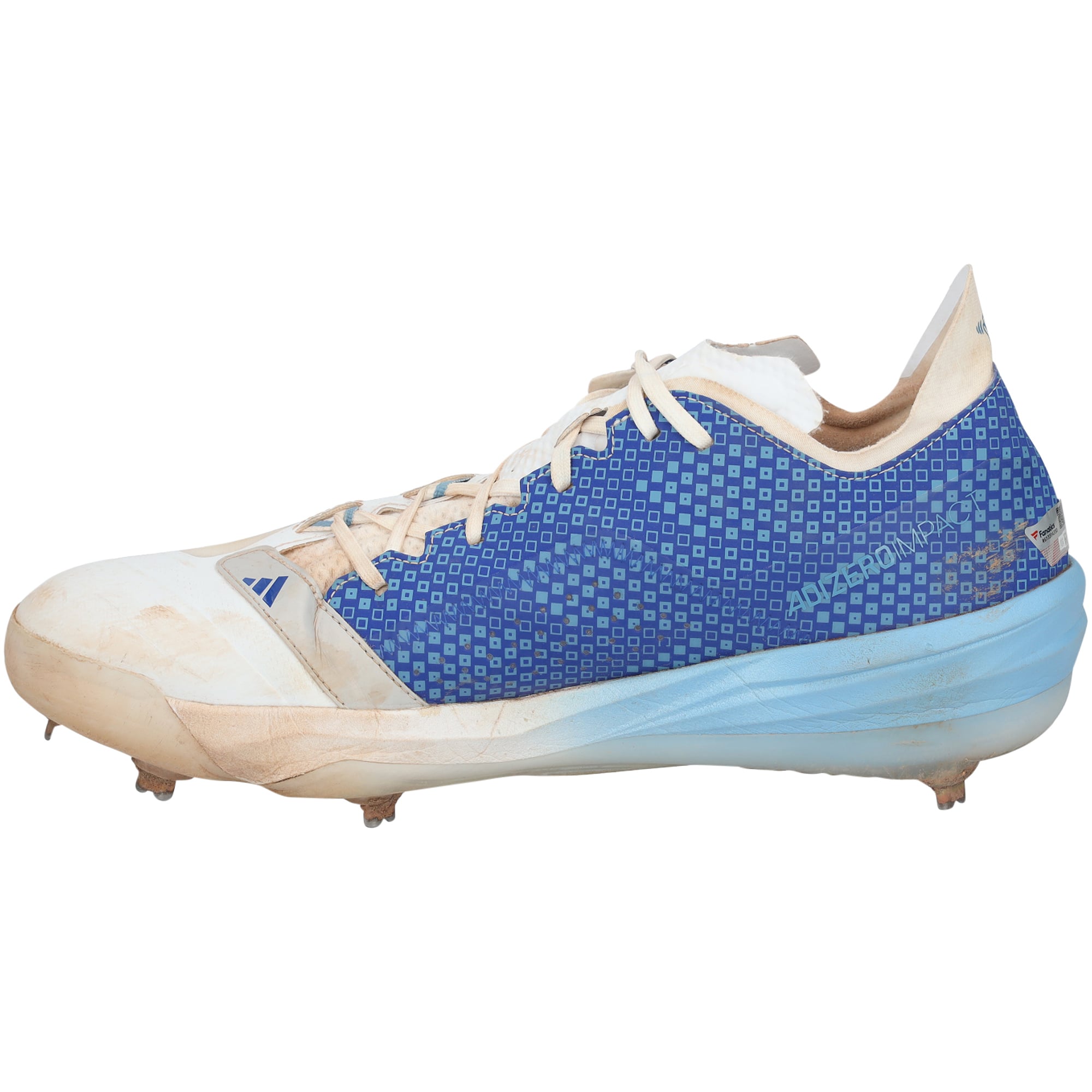 Crampons adidas blancs et bleus autographiés par Brooks Lee