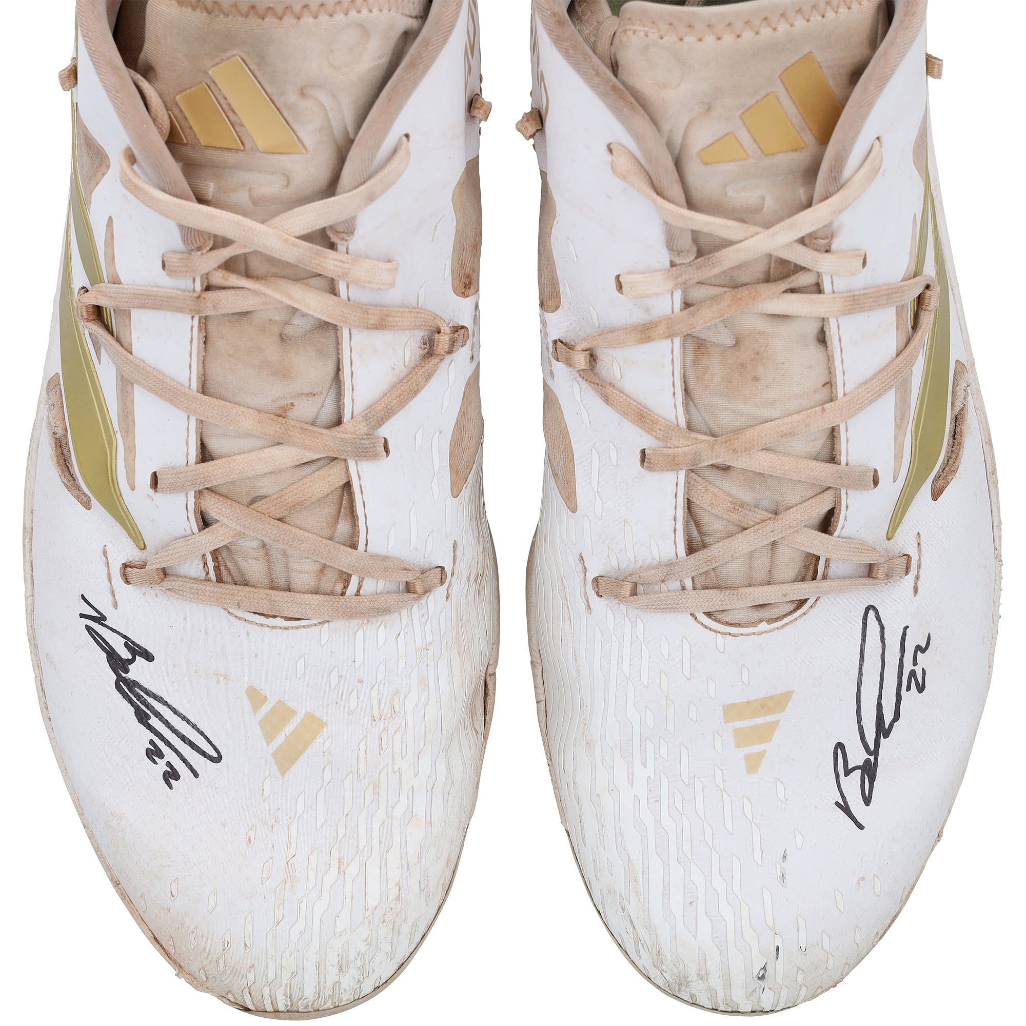 Crampons adidas blancs et or autographiés par Brooks Lee, portés en match par les Twins du Minnesota lors de la saison 2024 de la MLB.