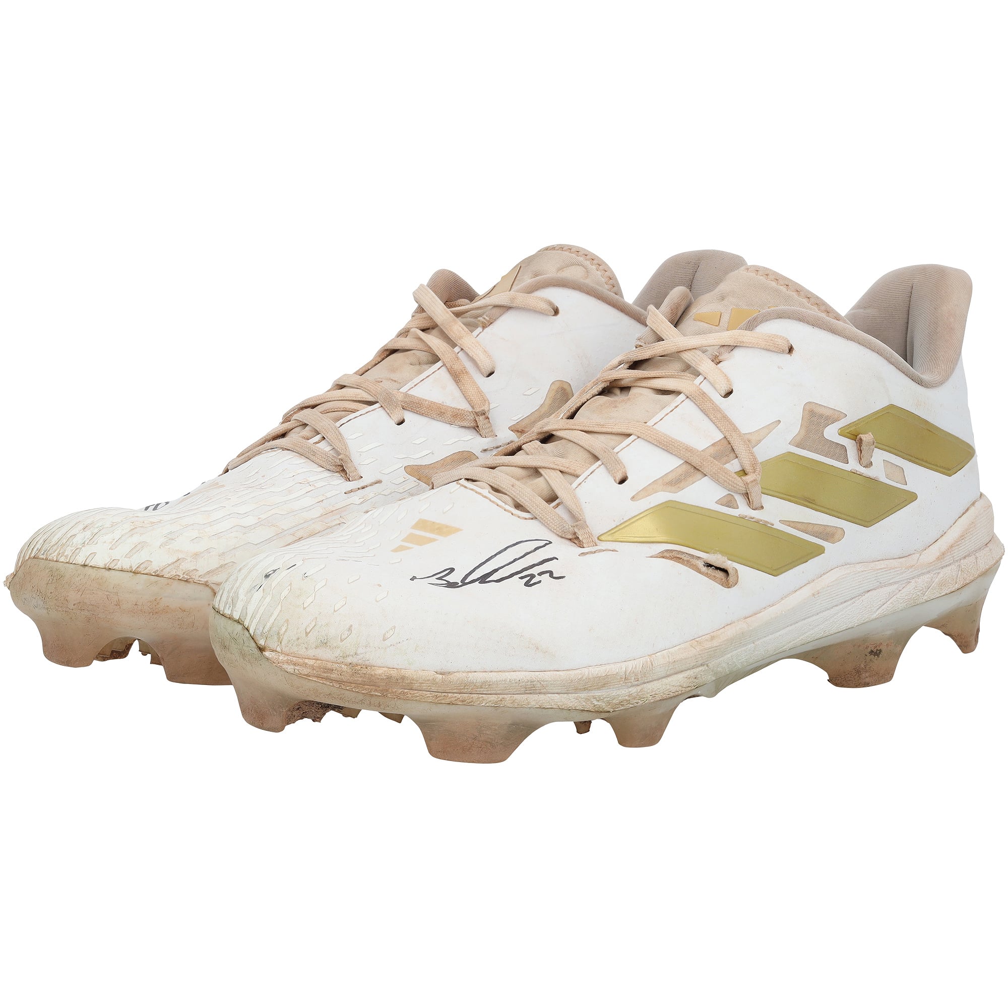 Crampons adidas blancs et or autographiés par Brooks Lee, portés en match par les Twins du Minnesota lors de la saison 2024 de la MLB.