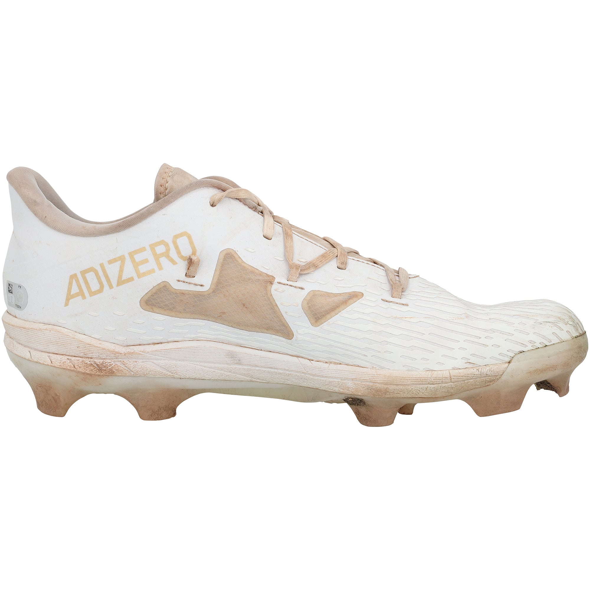Crampons adidas blancs et or autographiés par Brooks Lee, portés en match par les Twins du Minnesota lors de la saison 2024 de la MLB.
