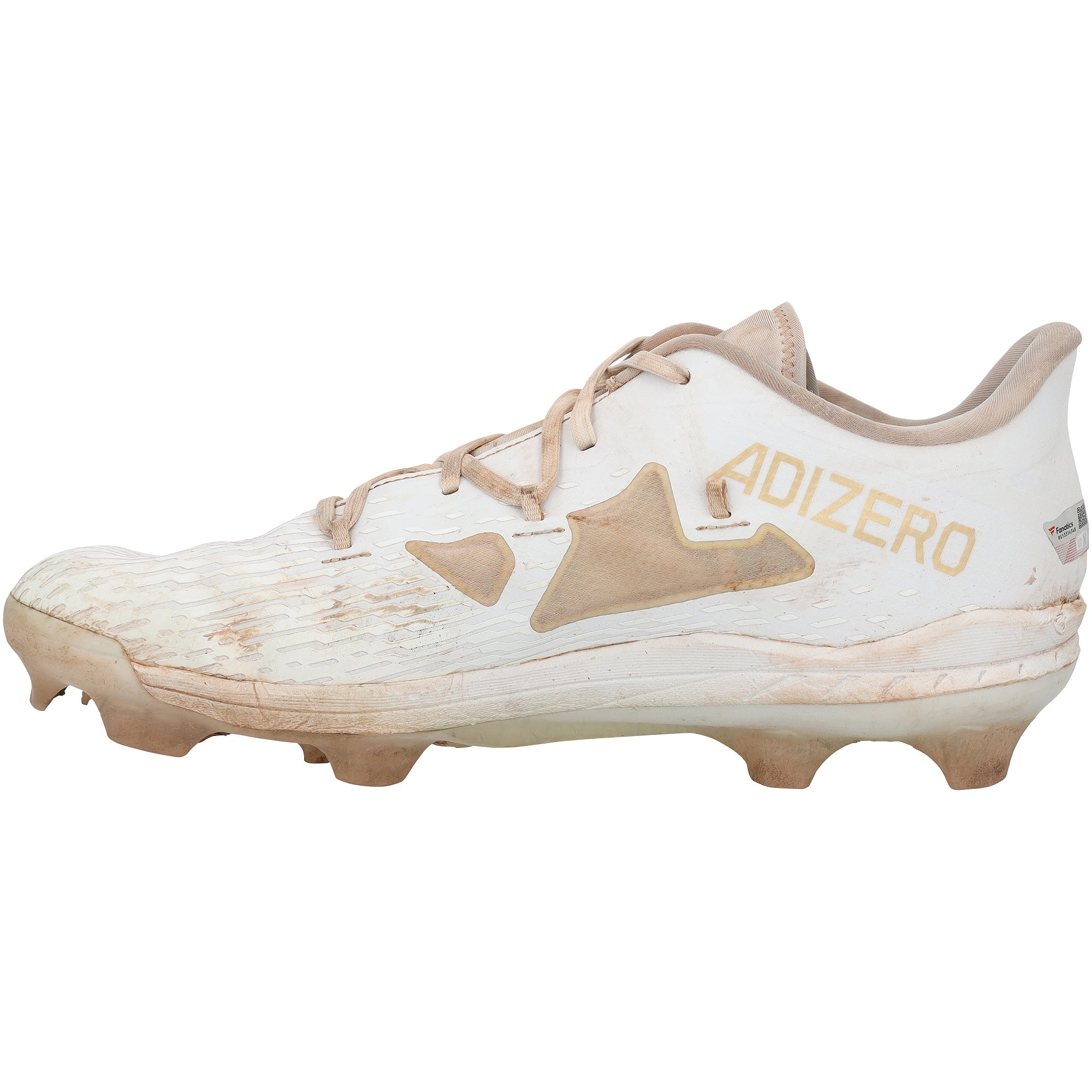 Crampons adidas blancs et or autographiés par Brooks Lee, portés en match par les Twins du Minnesota lors de la saison 2024 de la MLB.