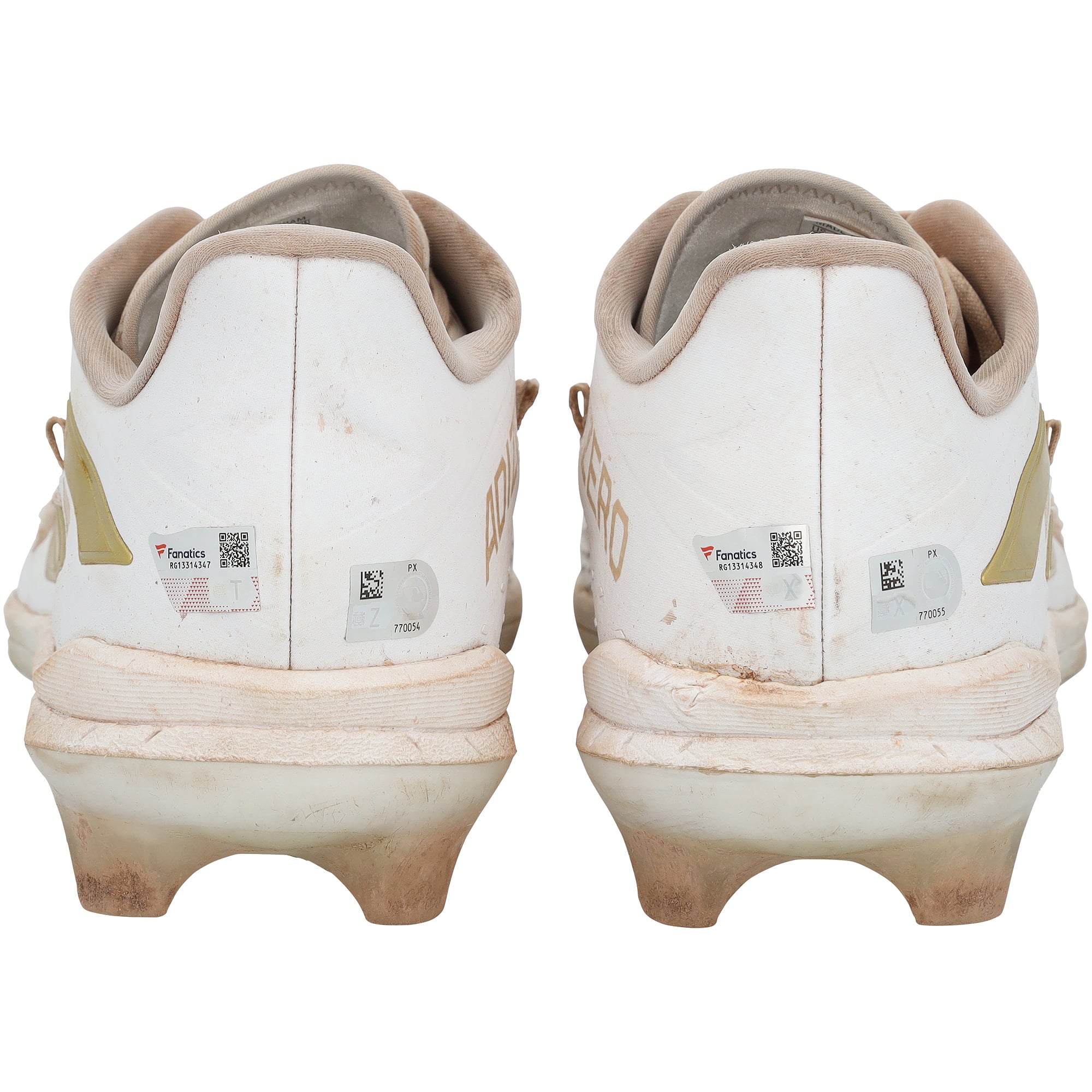 Crampons adidas blancs et or autographiés par Brooks Lee, portés en match par les Twins du Minnesota lors de la saison 2024 de la MLB.