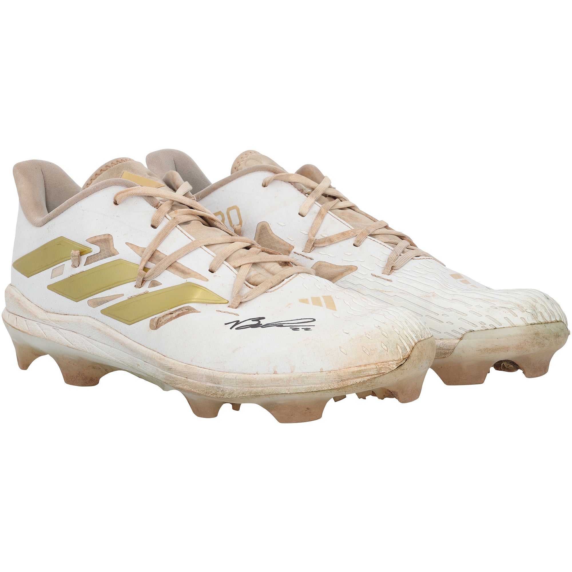 Crampons adidas blancs et or autographiés par Brooks Lee, portés en match par les Twins du Minnesota lors de la saison 2024 de la MLB.