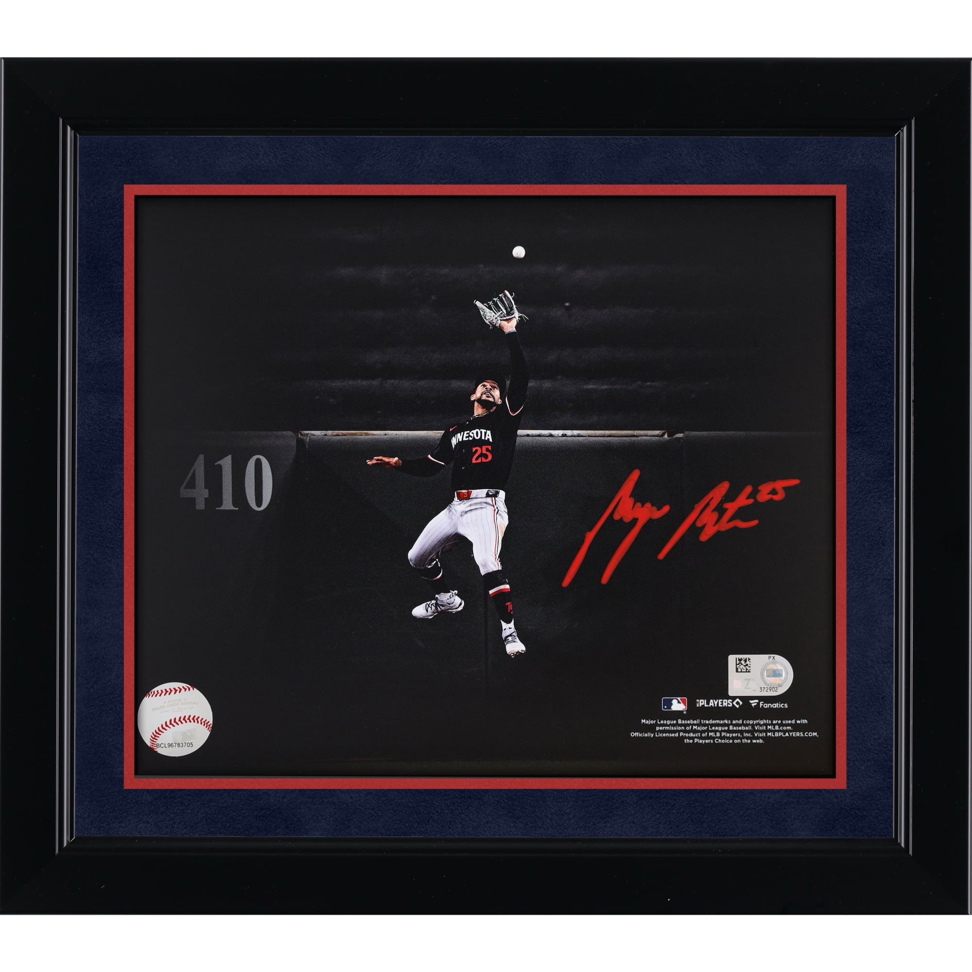 Byron Buxton Minnesota Twins Autographed 8" x 10" Home Run Robbing Wall Catch Spotlight Photograph