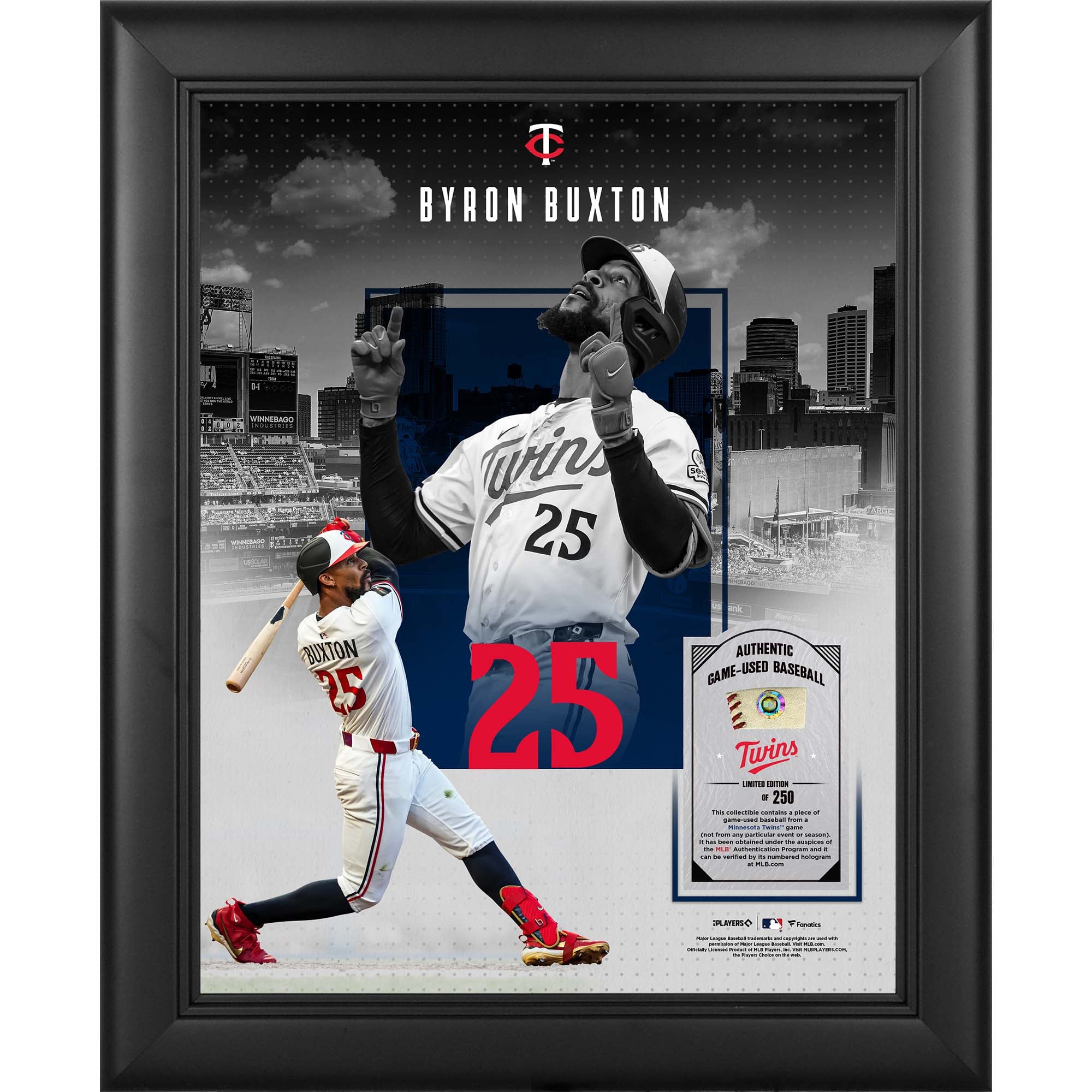 Collage encadré 11" x 14" de Byron Buxton (Minnesota Twins) avec un morceau de balle utilisée en match - Édition limitée à 250 exemplaires
