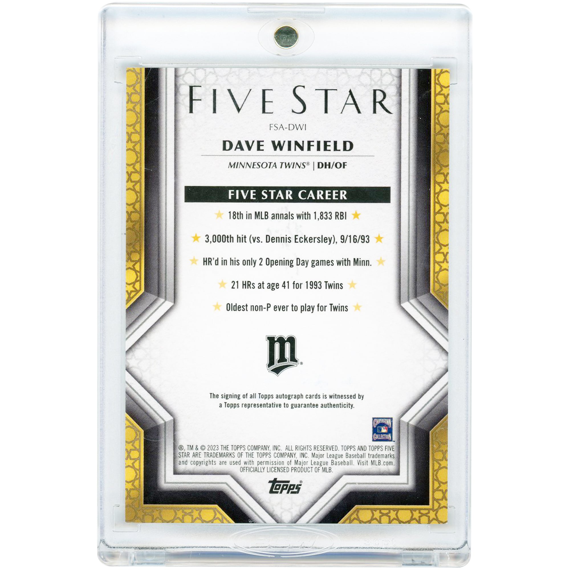 Carte autographiée Dave Winfield (Minnesota Twins) Topps Five Star 2023, couleur turquoise, numéro #FSA-DWI # 11