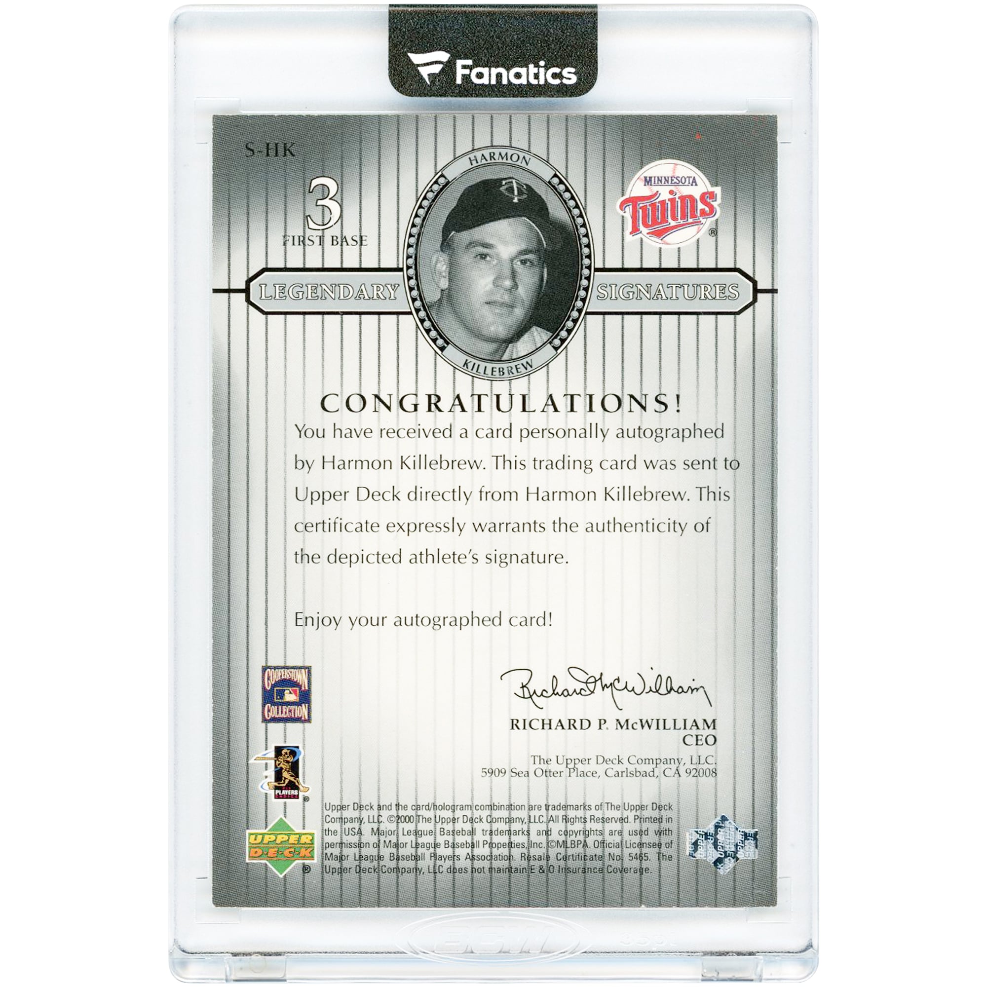 Carte autographiée Harmon Killebrew des Minnesota Twins, collection Upper Deck Legendary Signatures 2000, numéro S-HK