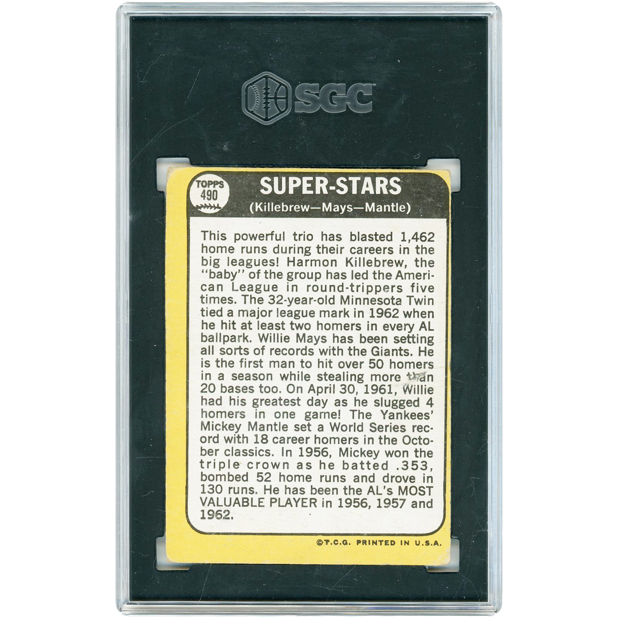 Harmon Killebrew, Willie Mays & Mickey Mantle 1968 Topps Super Stars #490 SGC Authenticated 3 Card