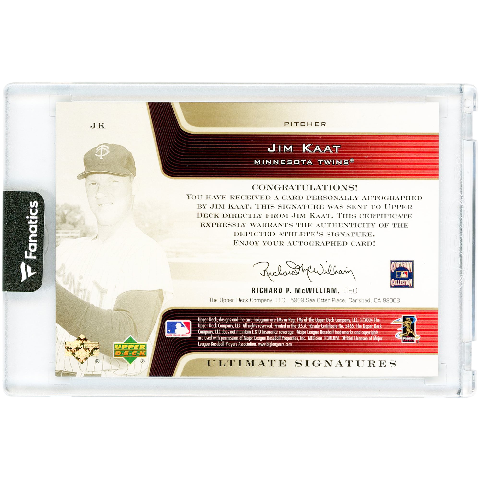Carte autographiée de Jim Kaat (Minnesota Twins) de la collection Upper Deck Ultimate Signatures 2004, numéro JK, n° 19/25