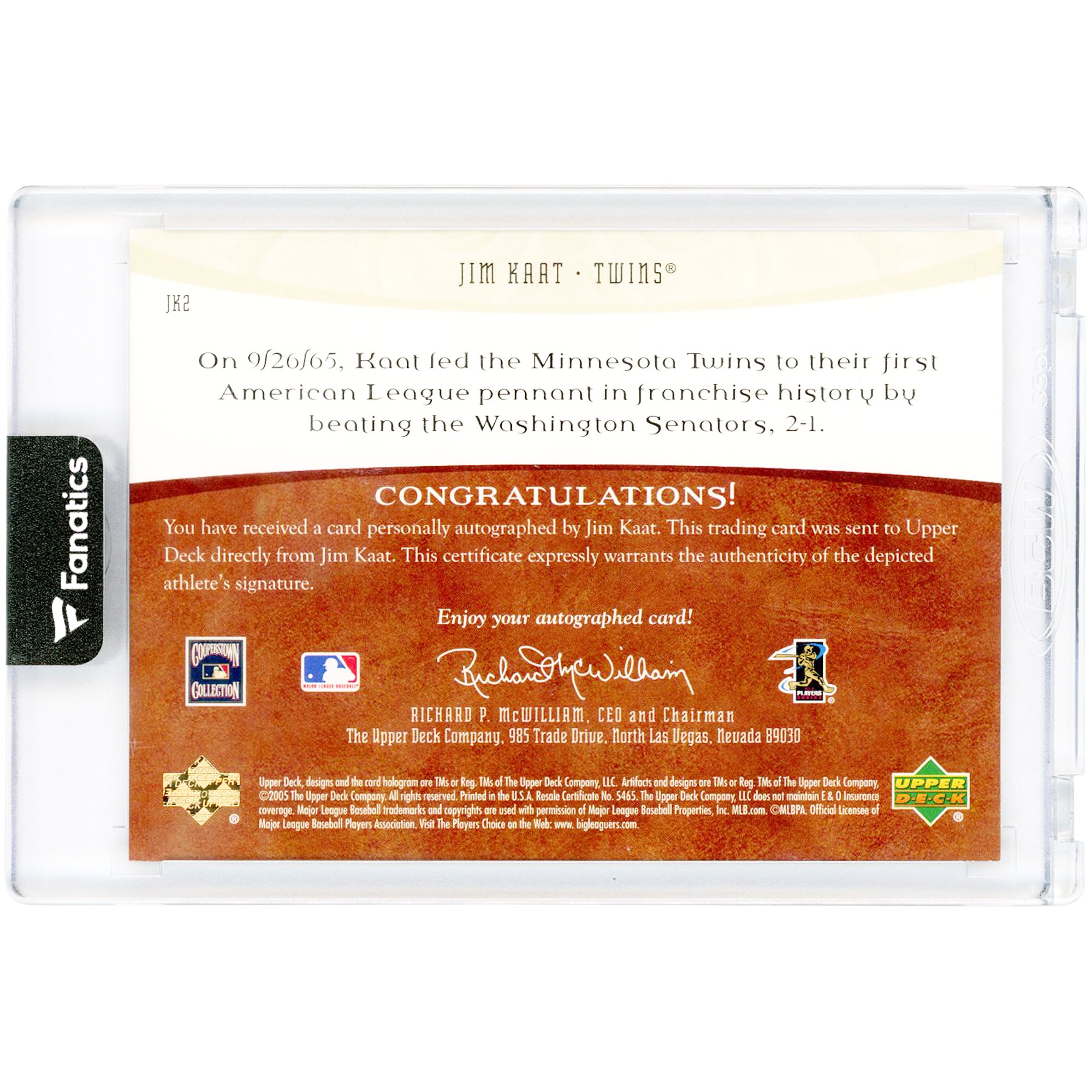 Carte autographiée de Jim Kaat (Minnesota Twins) 2005 Upper Deck Artifacts Auto Facts #JK2 #161/458