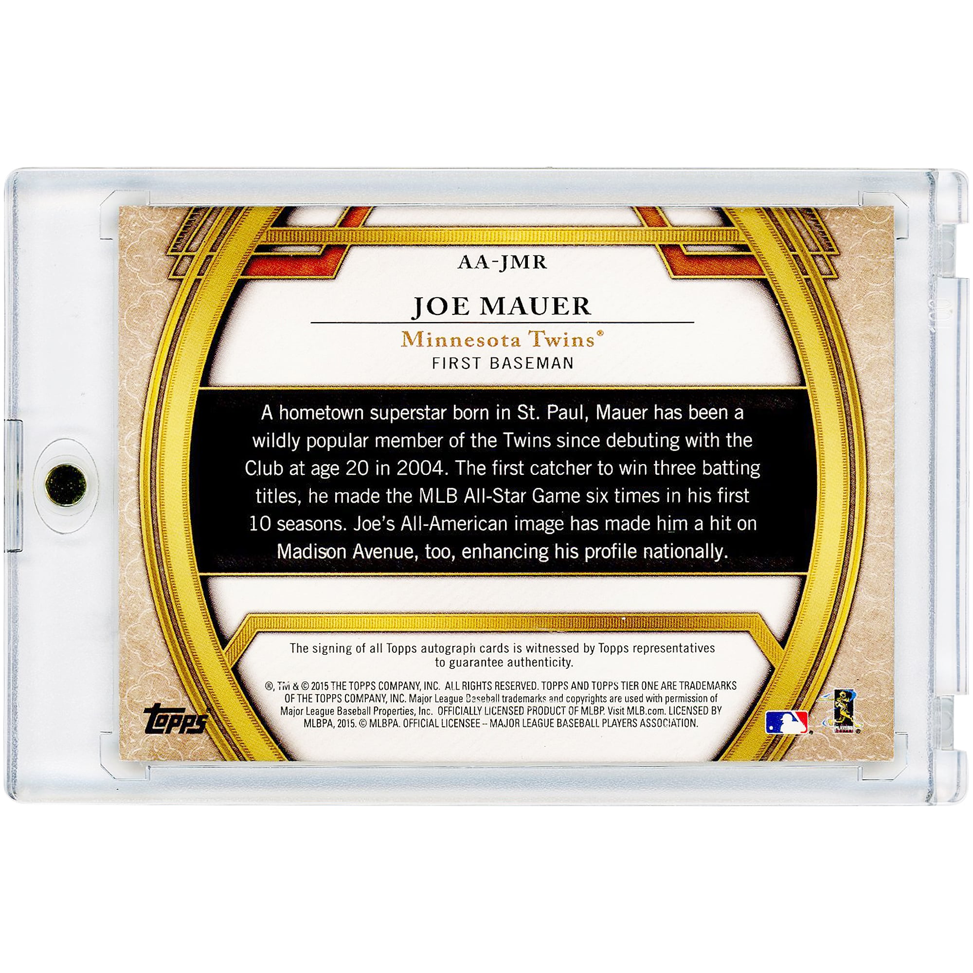 Carte autographiée de Joe Mauer (Minnesota Twins) 2015 Topps Tier One #AA-JMR #18/50