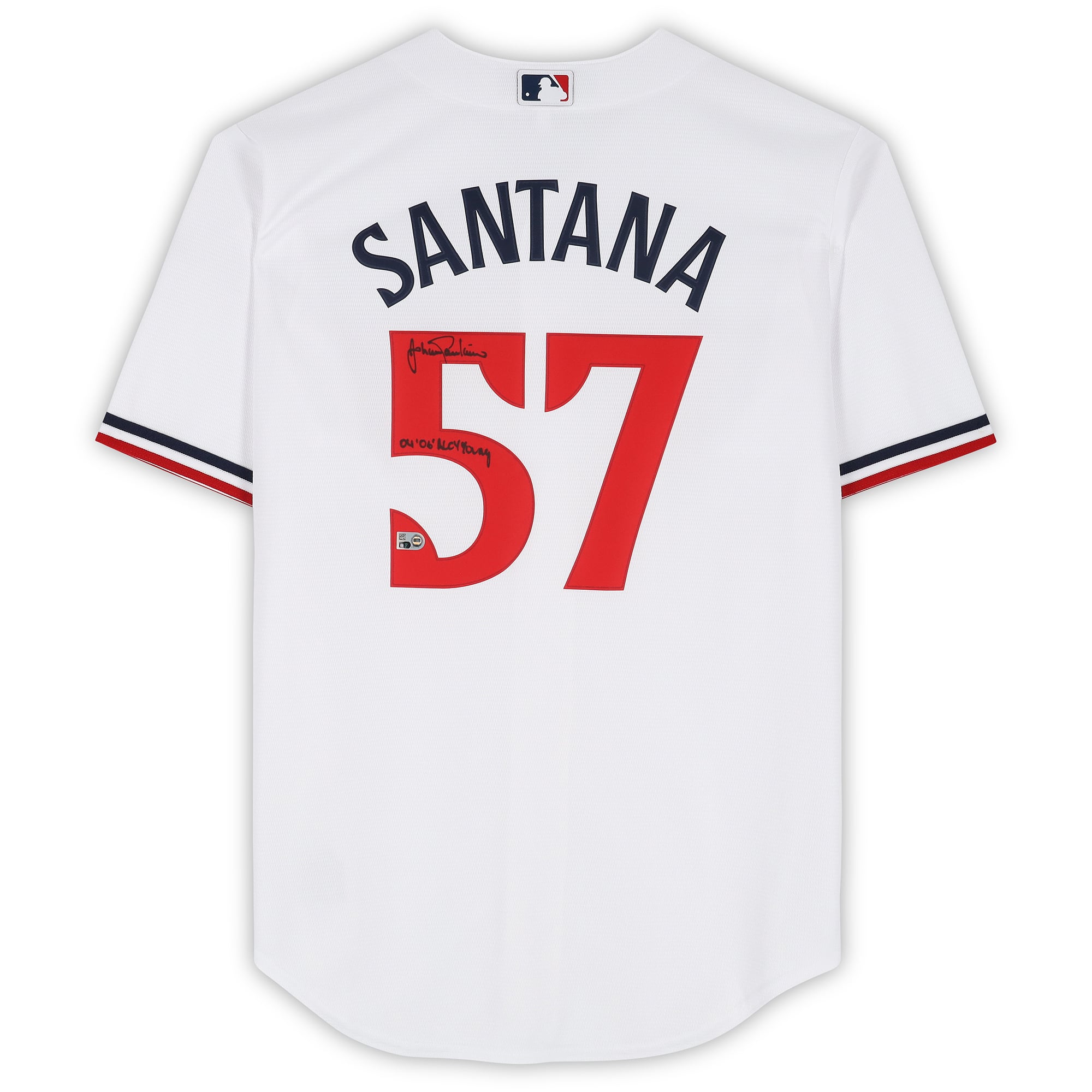 Maillot réplique blanc Nike autographié par Johan Santana des Minnesota Twins avec inscription « 04, 06 AL Cy Young »