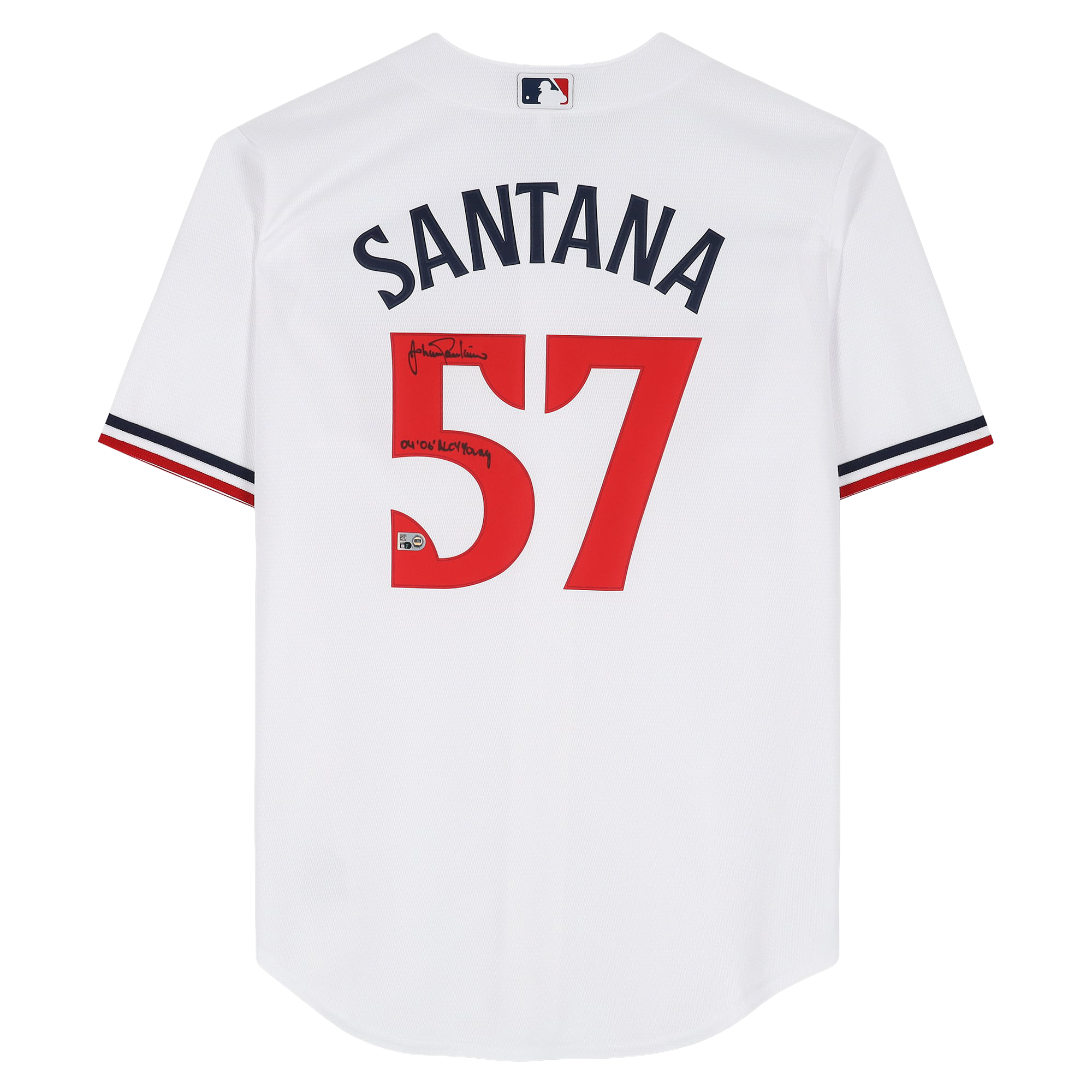 Maillot réplique blanc Nike autographié par Johan Santana des Minnesota Twins avec inscription « 04, 06 AL Cy Young »