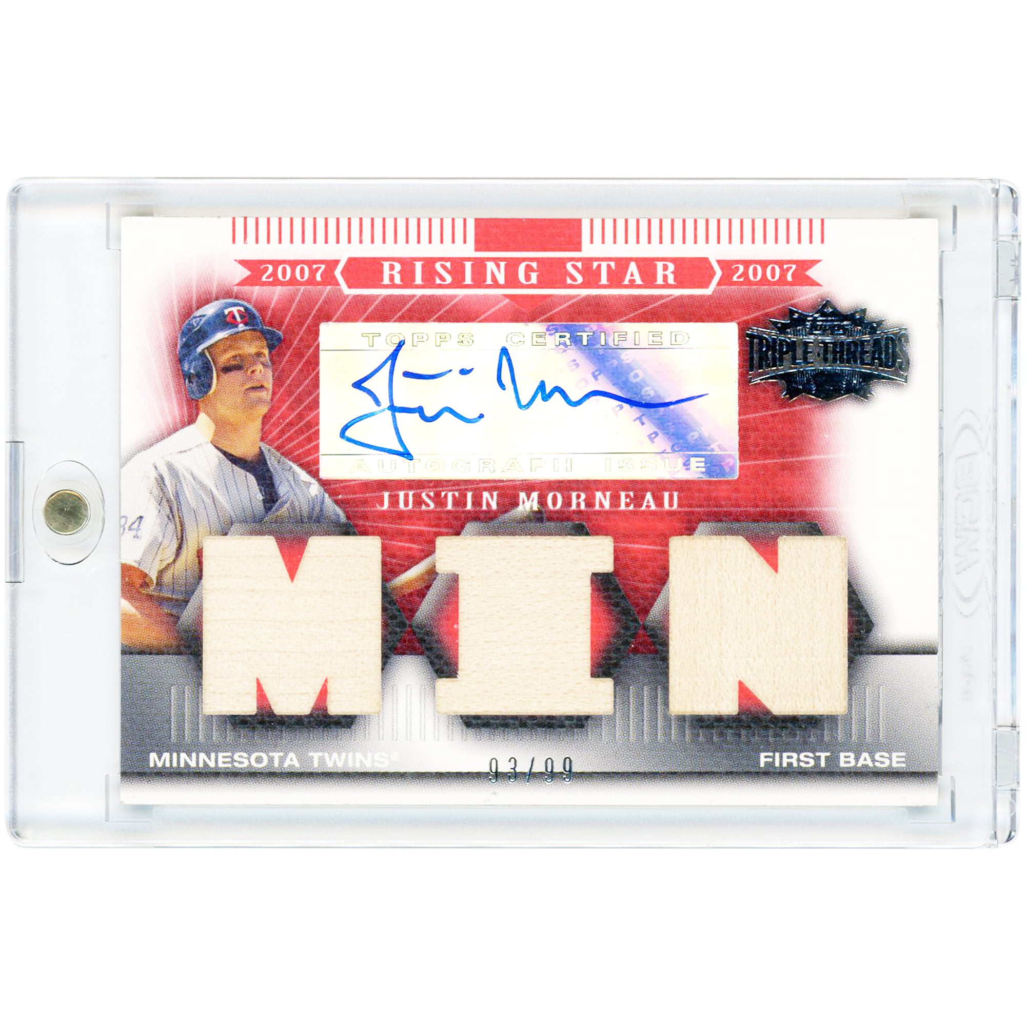Carte autographiée de Justin Morneau (Minnesota Twins) 2007 Topps Triple Threads Rising Stars Triple Bat Relic n° 128 n° 93/99