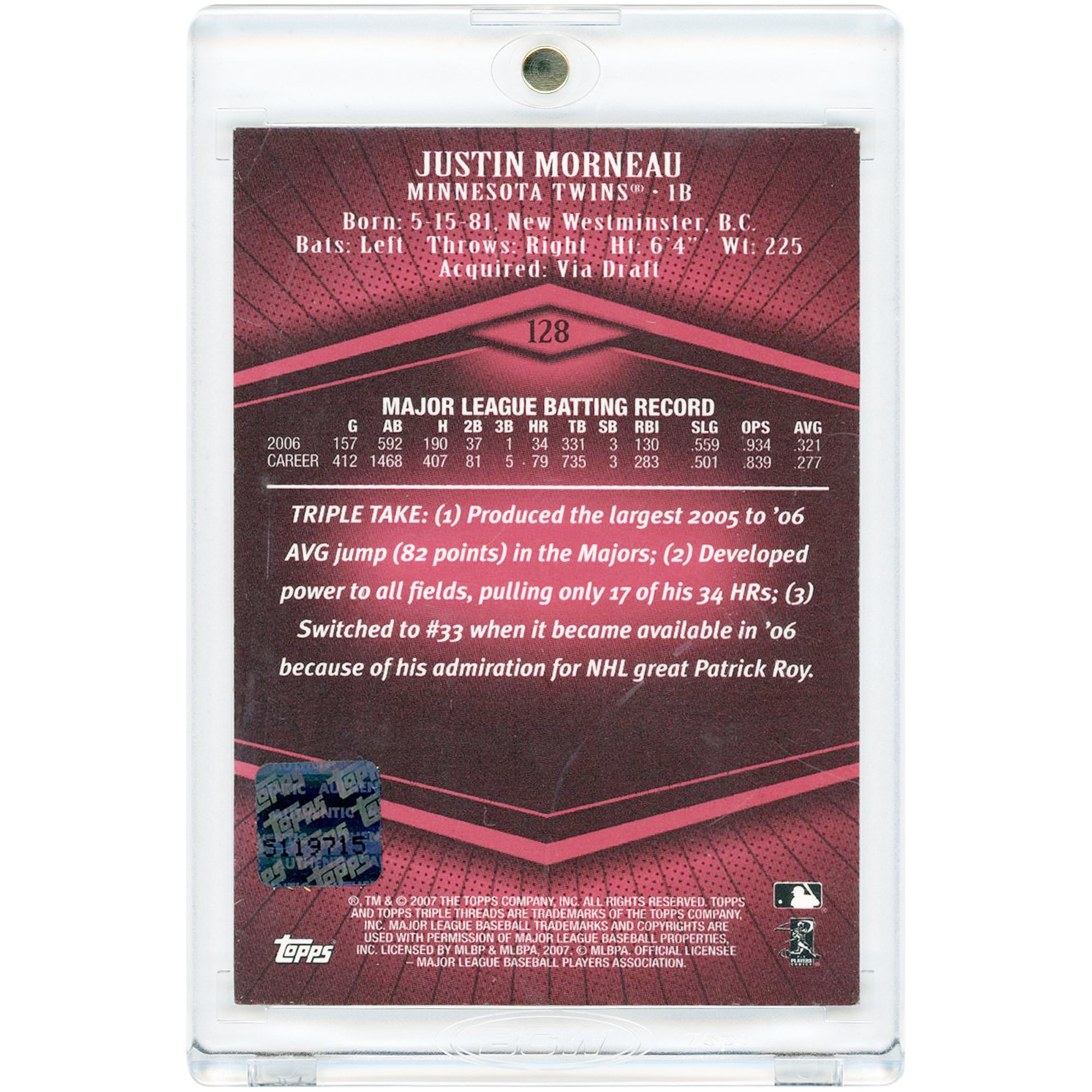 Carte autographiée de Justin Morneau (Minnesota Twins) 2007 Topps Triple Threads Rising Stars Triple Bat Relic n° 128 n° 93/99