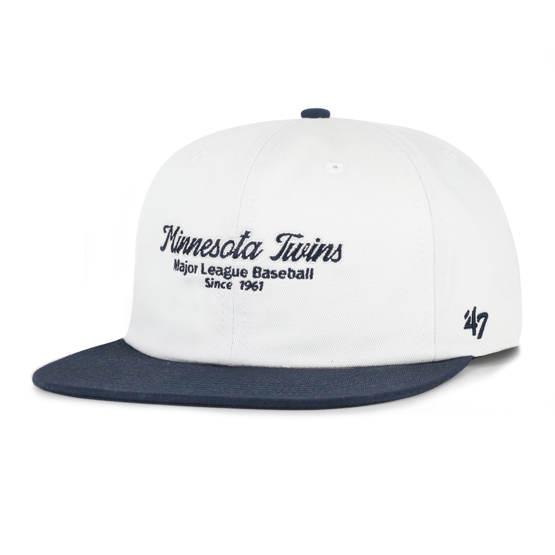 Casquette snapback capitaine décontractée Minnesota Twins Script Stack blanche et marine pour homme, modèle 47
