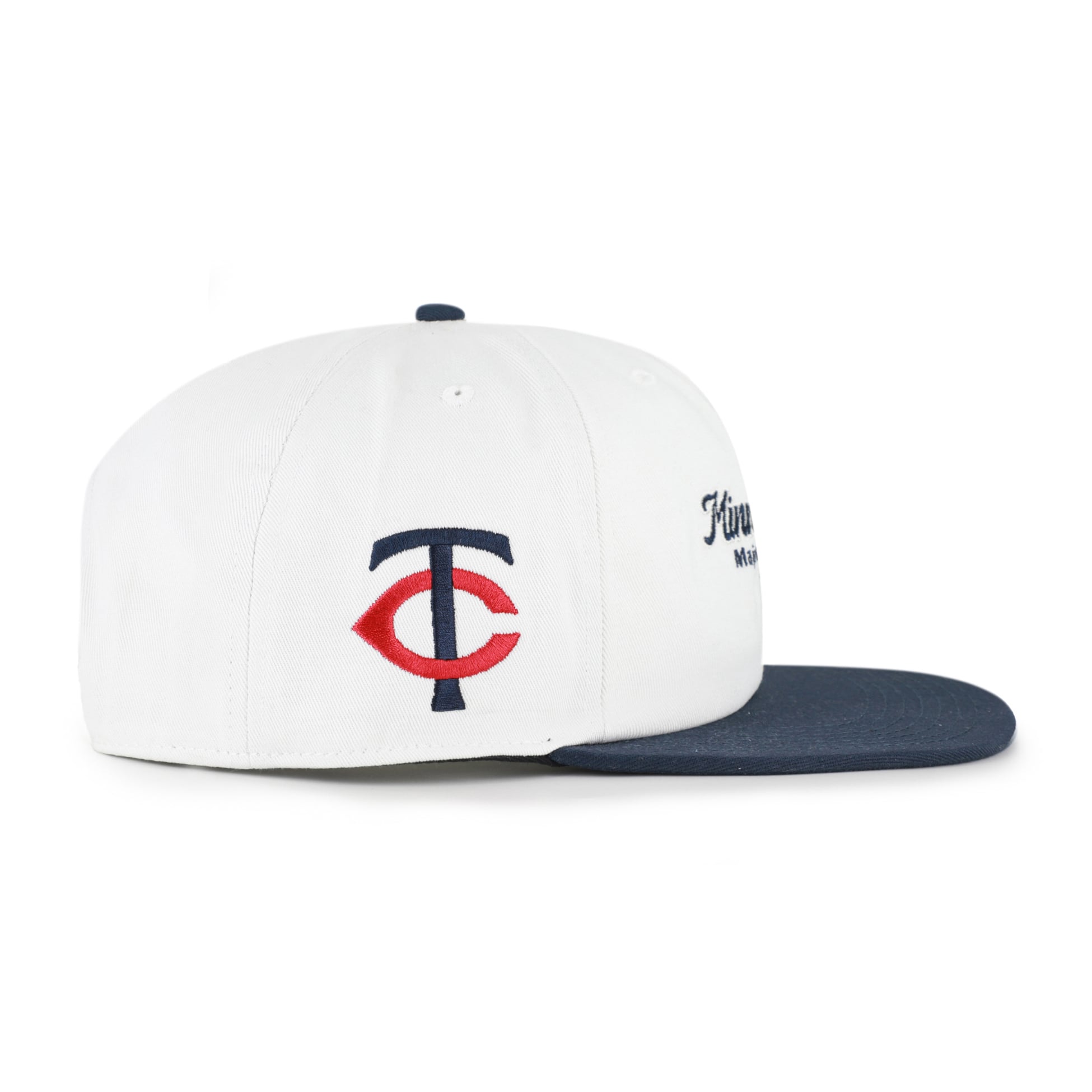 Casquette snapback capitaine décontractée Minnesota Twins Script Stack blanche et marine pour homme, modèle 47