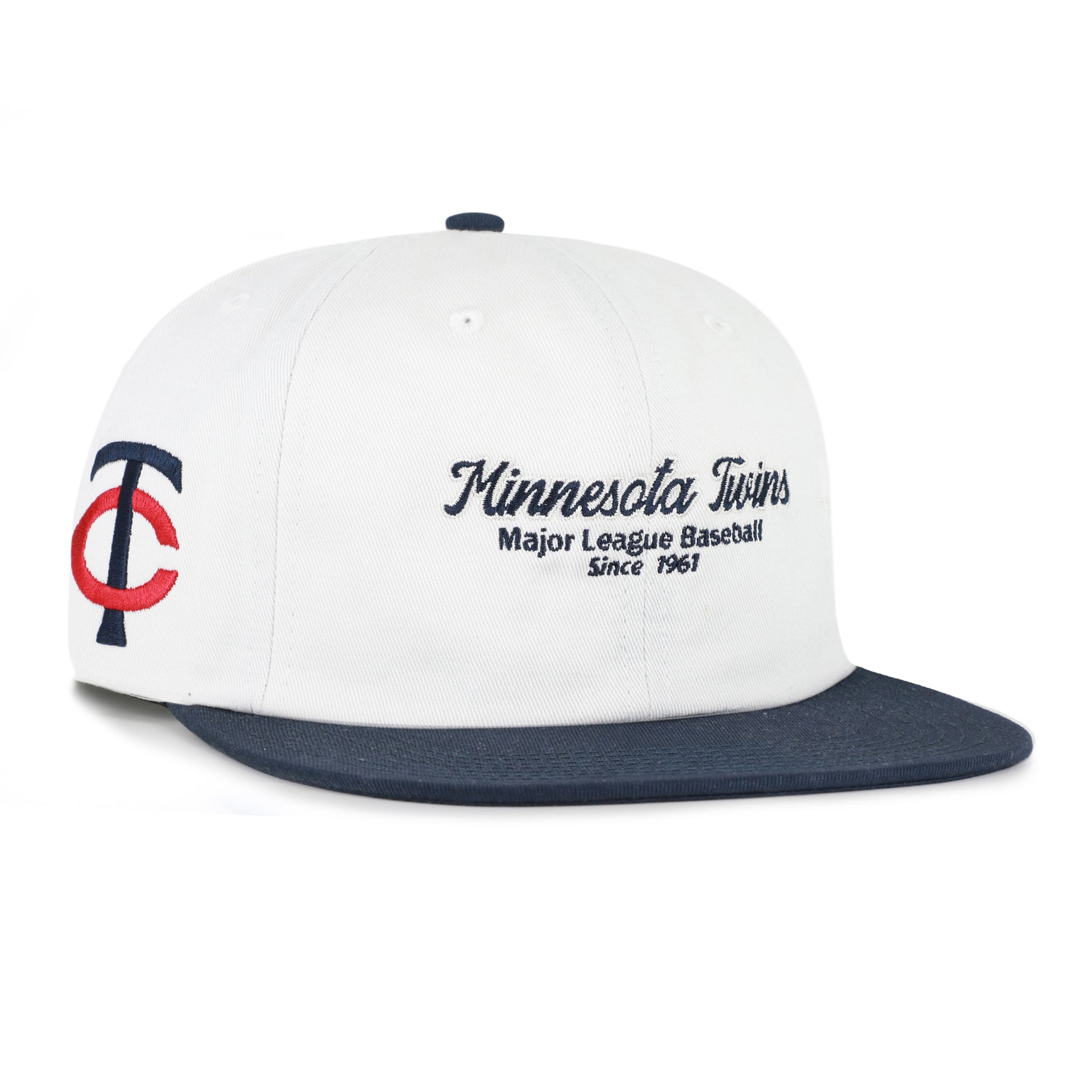 Casquette snapback capitaine décontractée Minnesota Twins Script Stack blanche et marine pour homme, modèle 47