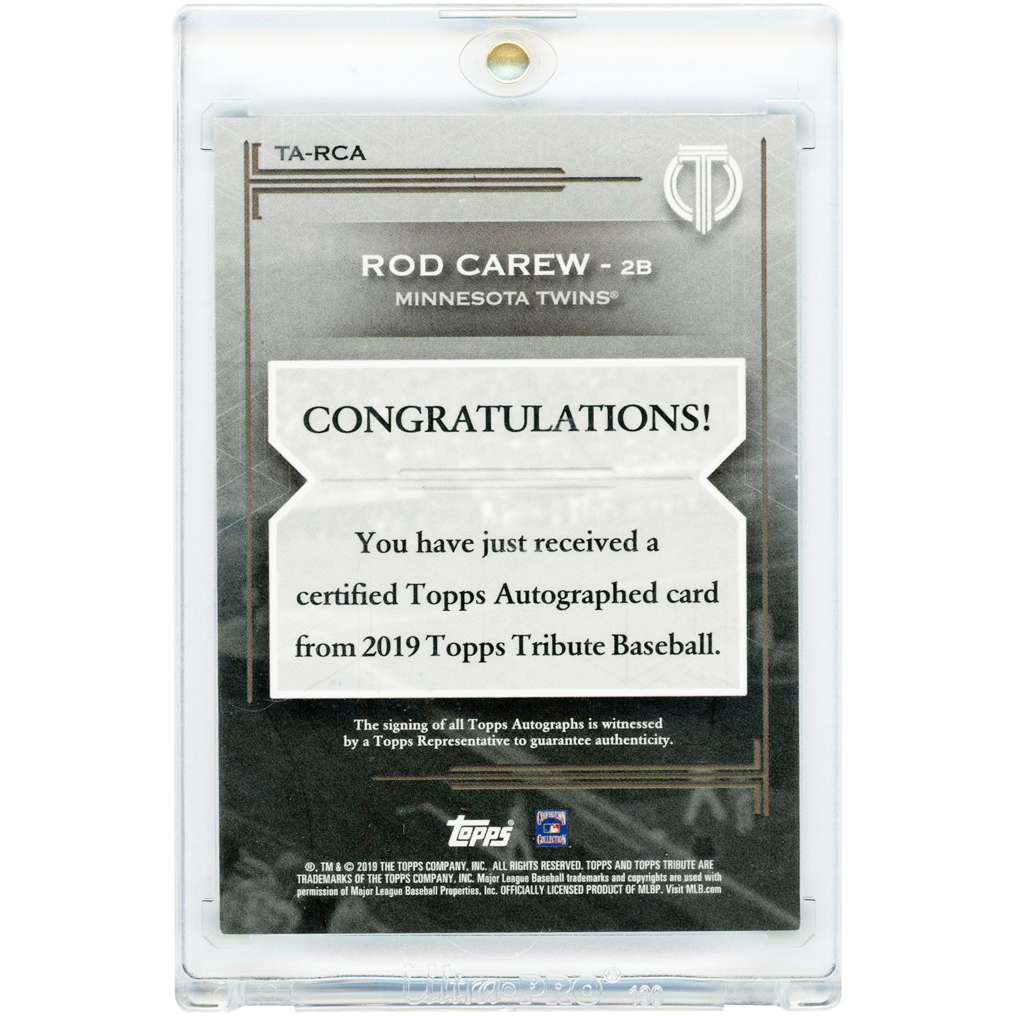 Carte autographiée Rod Carew des Twins du Minnesota, collection Topps Tribute 2019 #TA-RCA #146/150