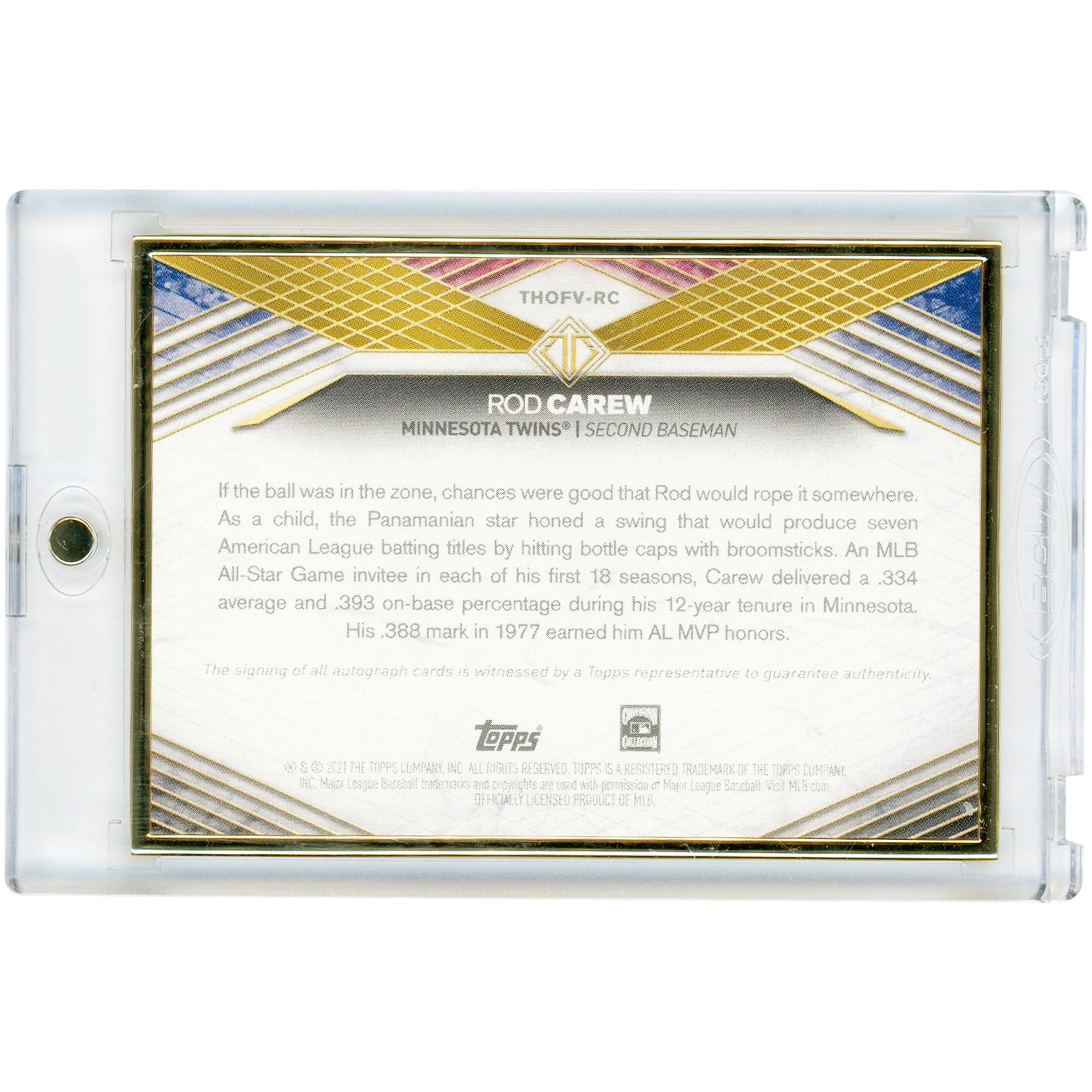 Carte autographiée de Rod Carew (Minnesota Twins) 2021 Topps Transcendence Gold Frame Hall Of Fame #THOFV-RC #2/20