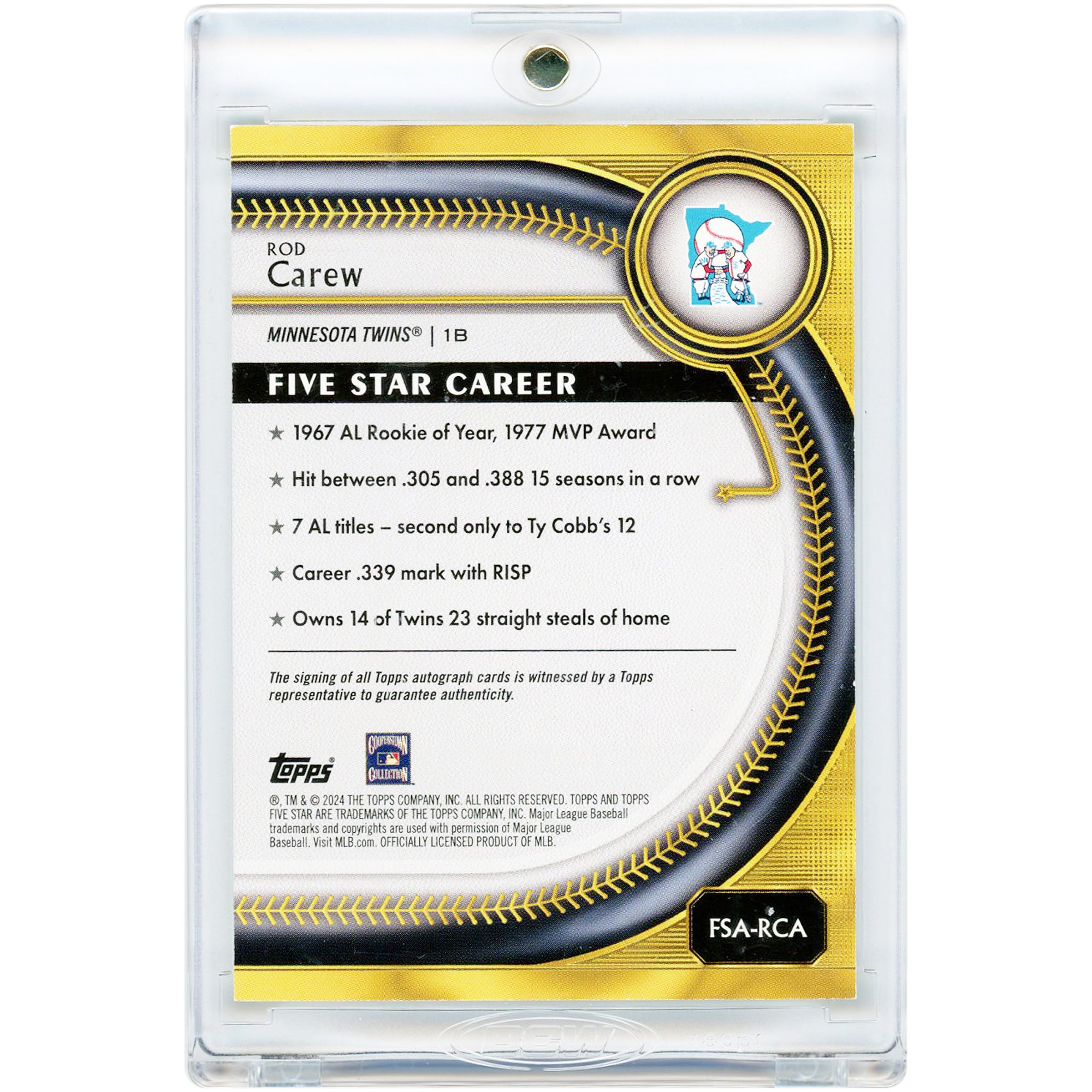 Carte Topps Five Star 2024 autographiée par Rod Carew (Minnesota Twins) #FSA-RCA #10/99