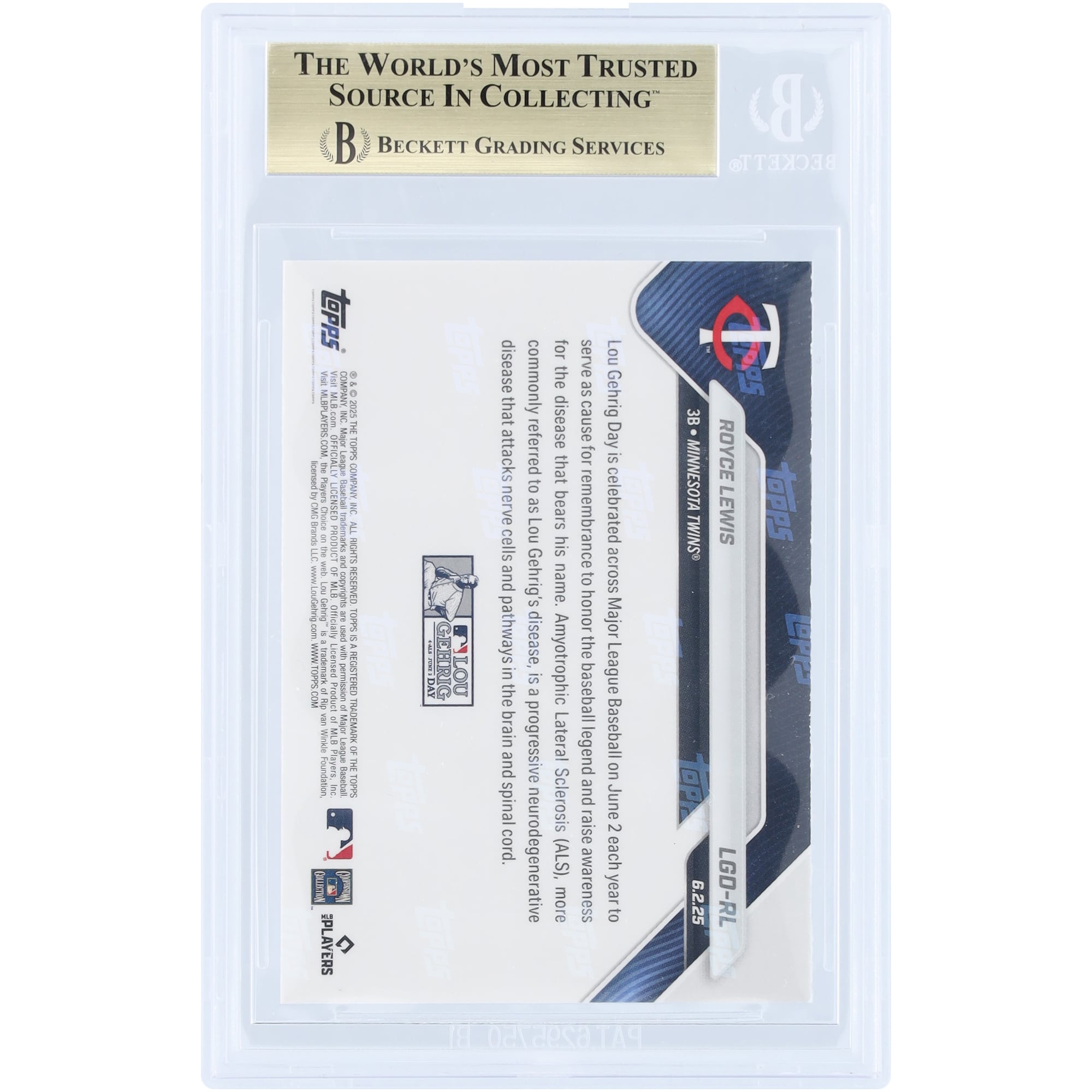 Royce Lewis Minnesota Twins 2025 Topps Now Lou Gehrig Day #LGD-RL BGS Authenticated 10 Card - 10,10,9.5,10 Subgrades