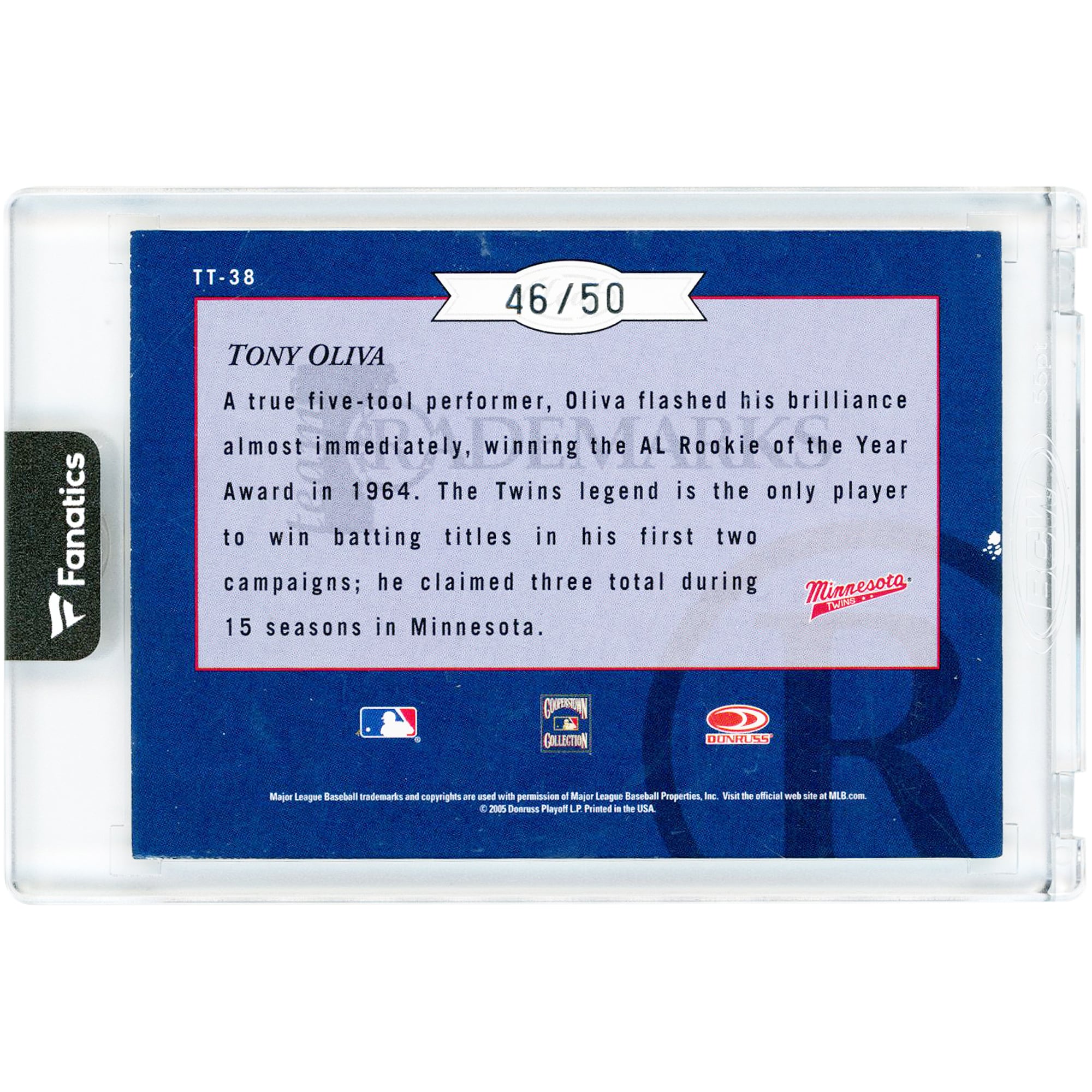 Carte autographiée de Tony Oliva (Minnesota Twins) de la série Donruss Leaf Limited 2005, portant la marque de l'équipe n° TT-38, numéro 46/50