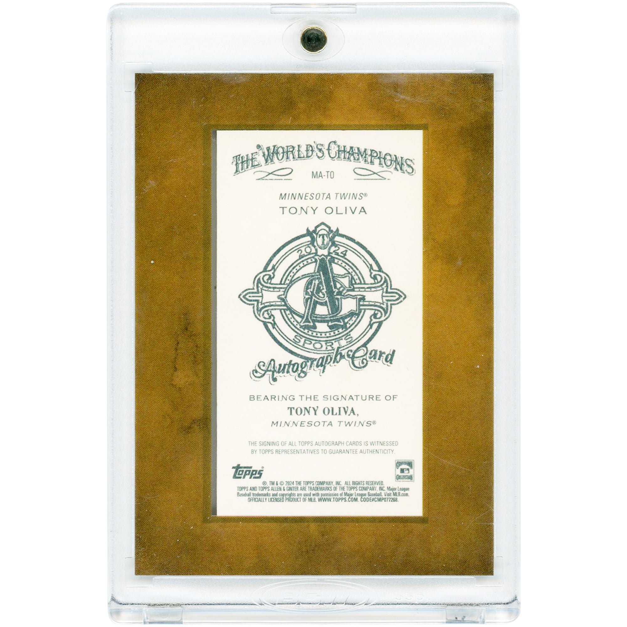 Carte Topps Allen & Ginter Mini #MA-TO 2024 autographiée par Tony Oliva (Minnesota Twins)