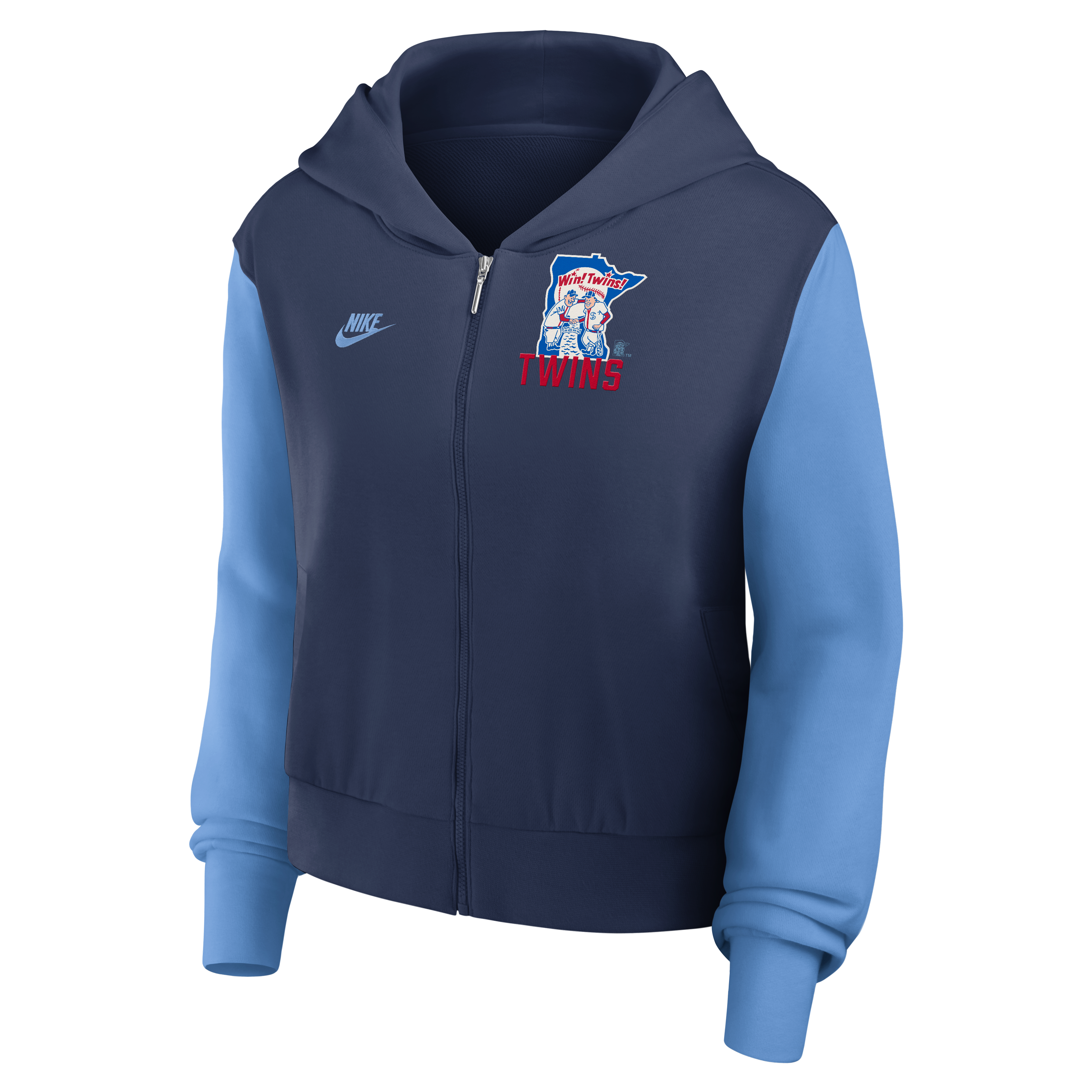 Sweat à capuche court zippé Nike pour femme, bleu marine/bleu clair, collection Minnesota Twins Cooperstown